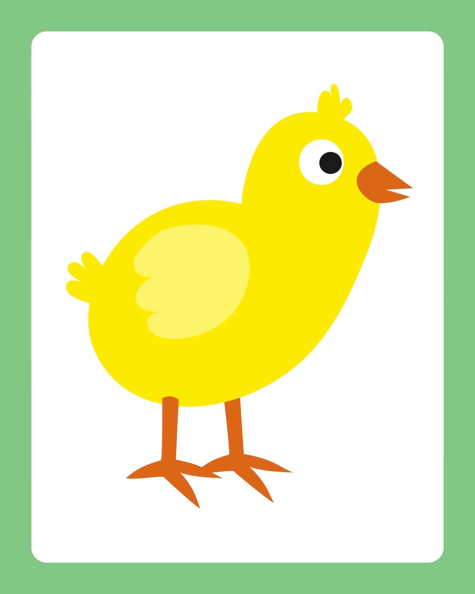 Yellow chick Easter flashcard with green border.