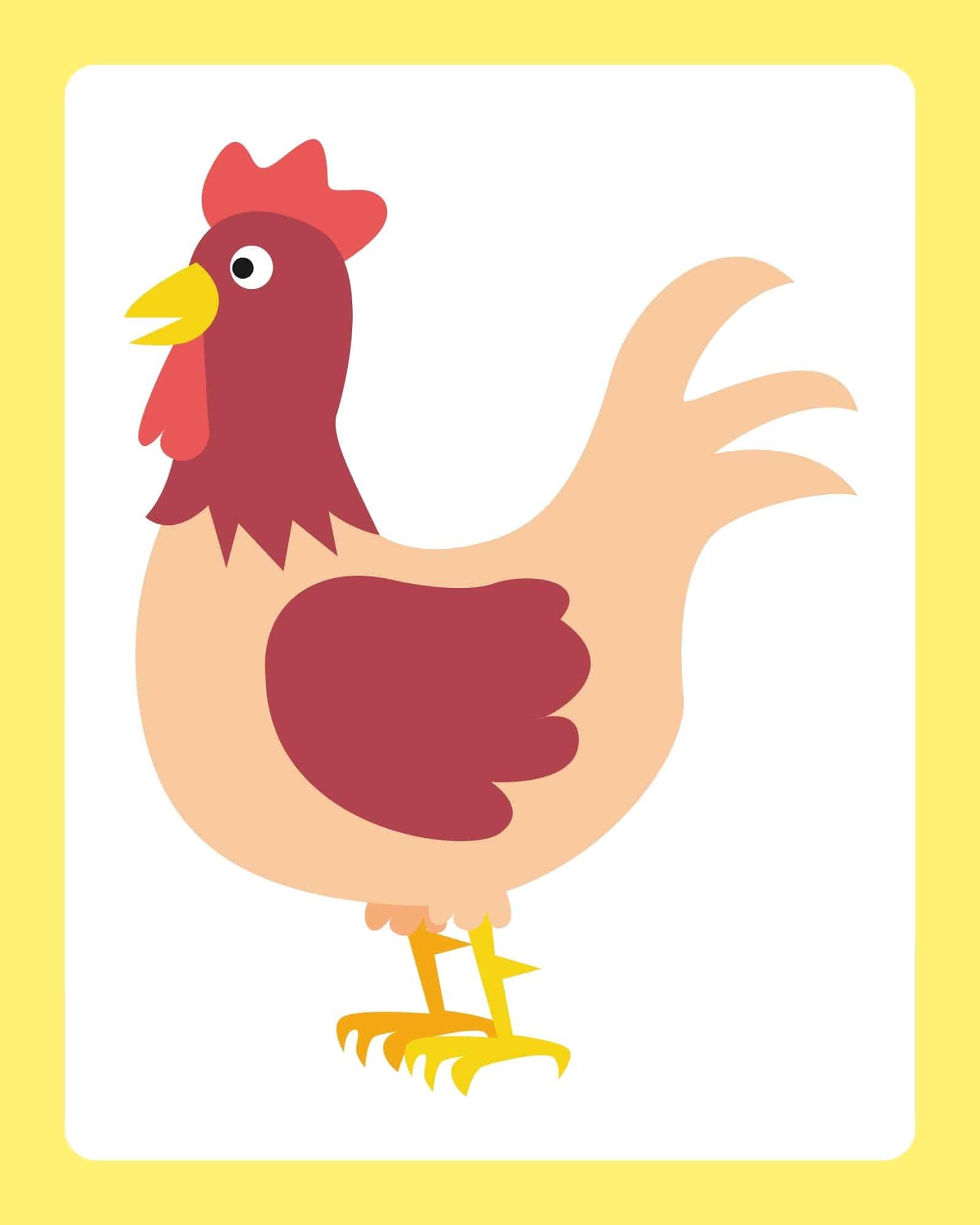 Simple cartoon hen on a yellow-bordered flashcard.