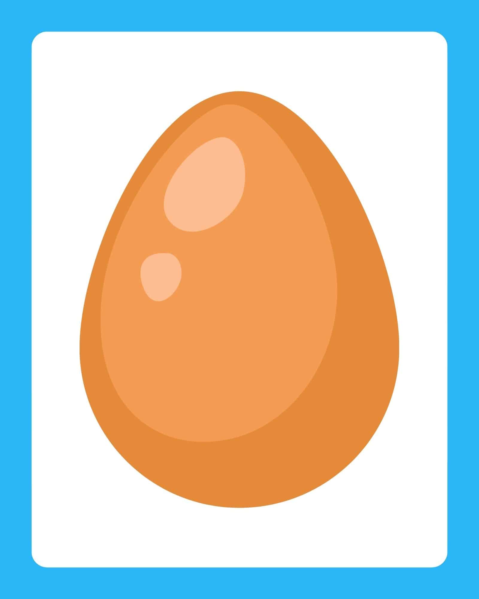 Easter flashcard with an orange egg on a white background and blue border.