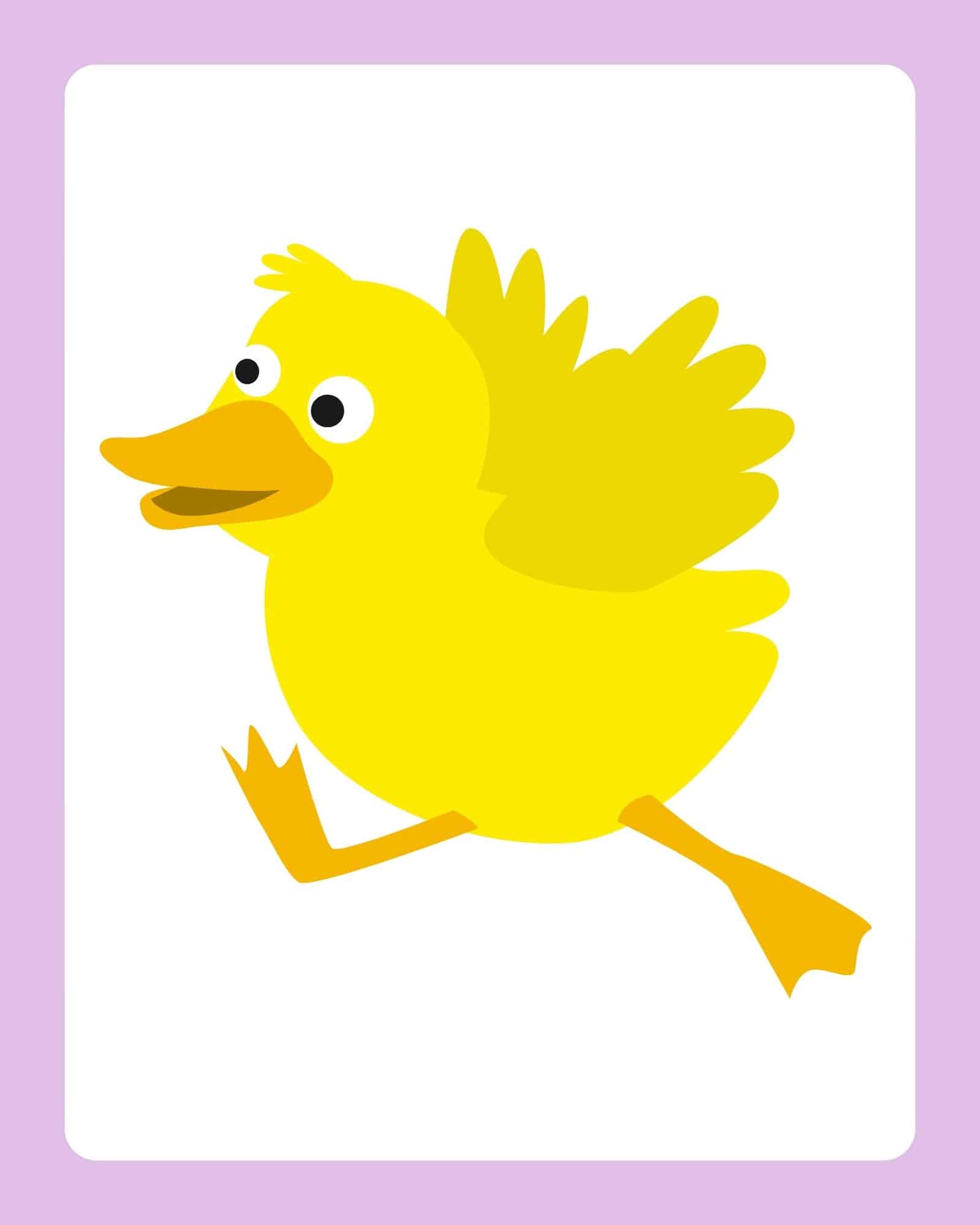 Yellow chick illustration centered on a white card with a light purple border.