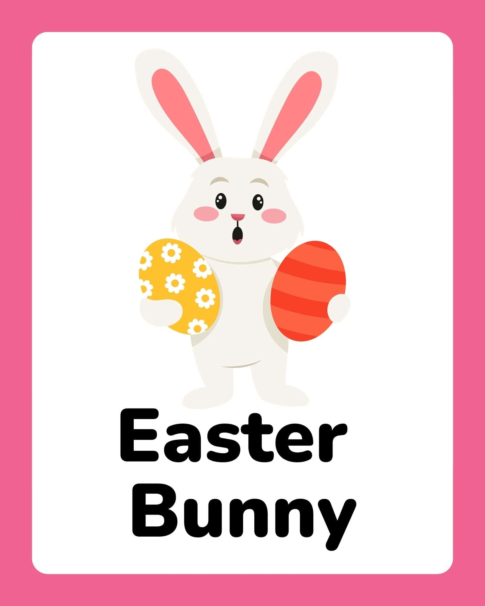 Easter flashcard with a white bunny holding two decorated eggs and the words 'Easter Bunny'.
