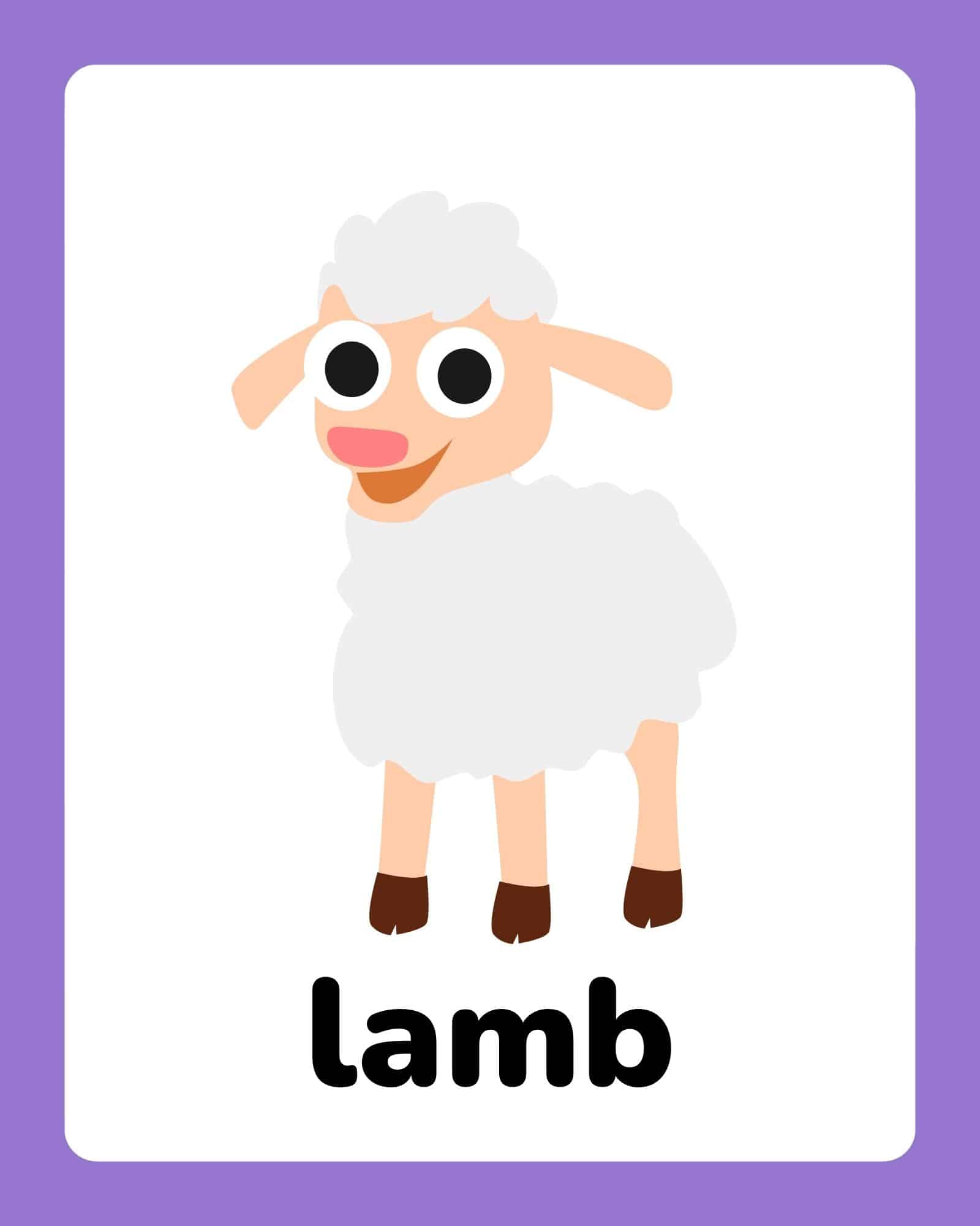 Lamb flashcard with purple border labeled 'lamb' for free printable Easter flashcards.