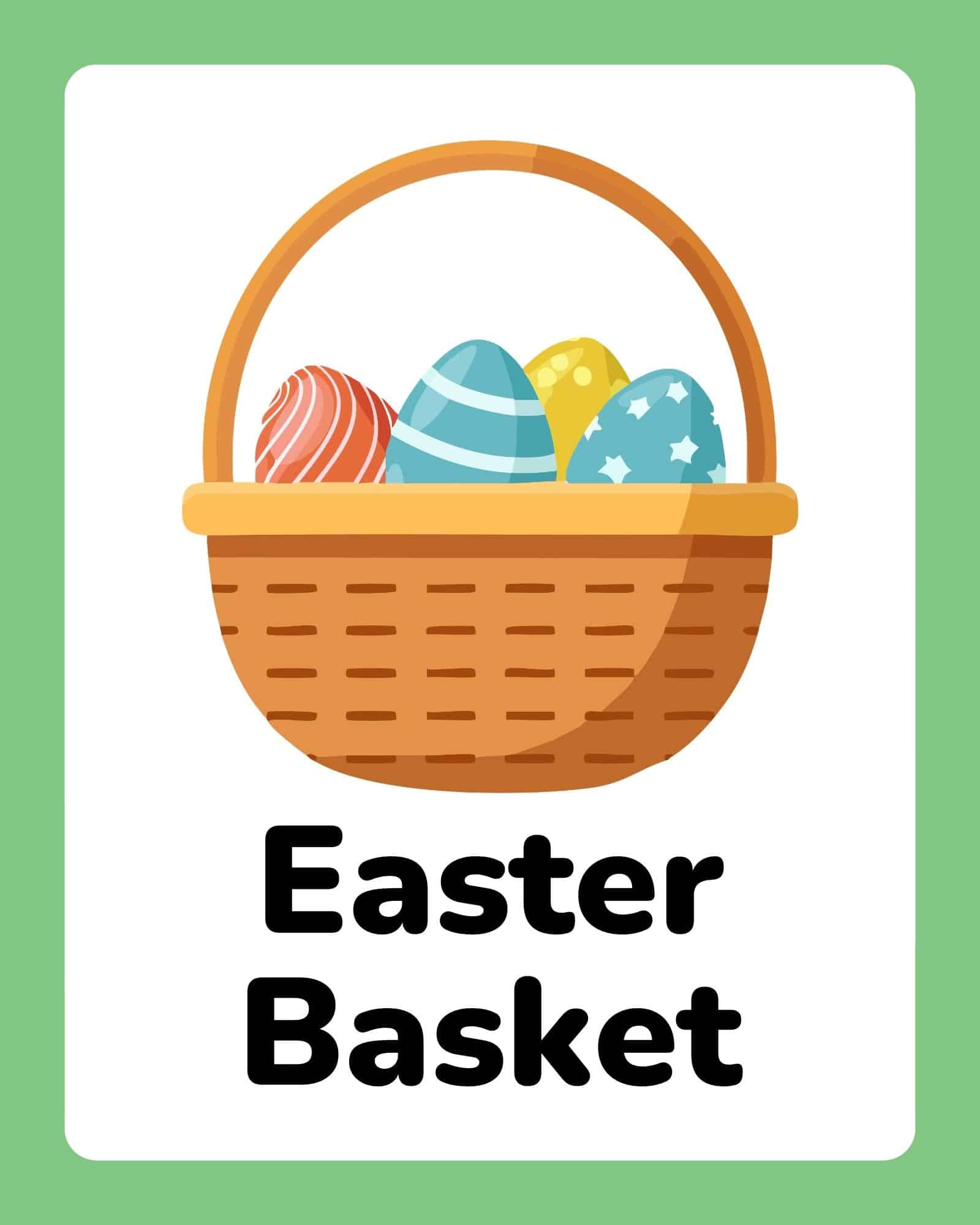 Easter flashcard with basket of decorated eggs labeled 'Easter Basket'.