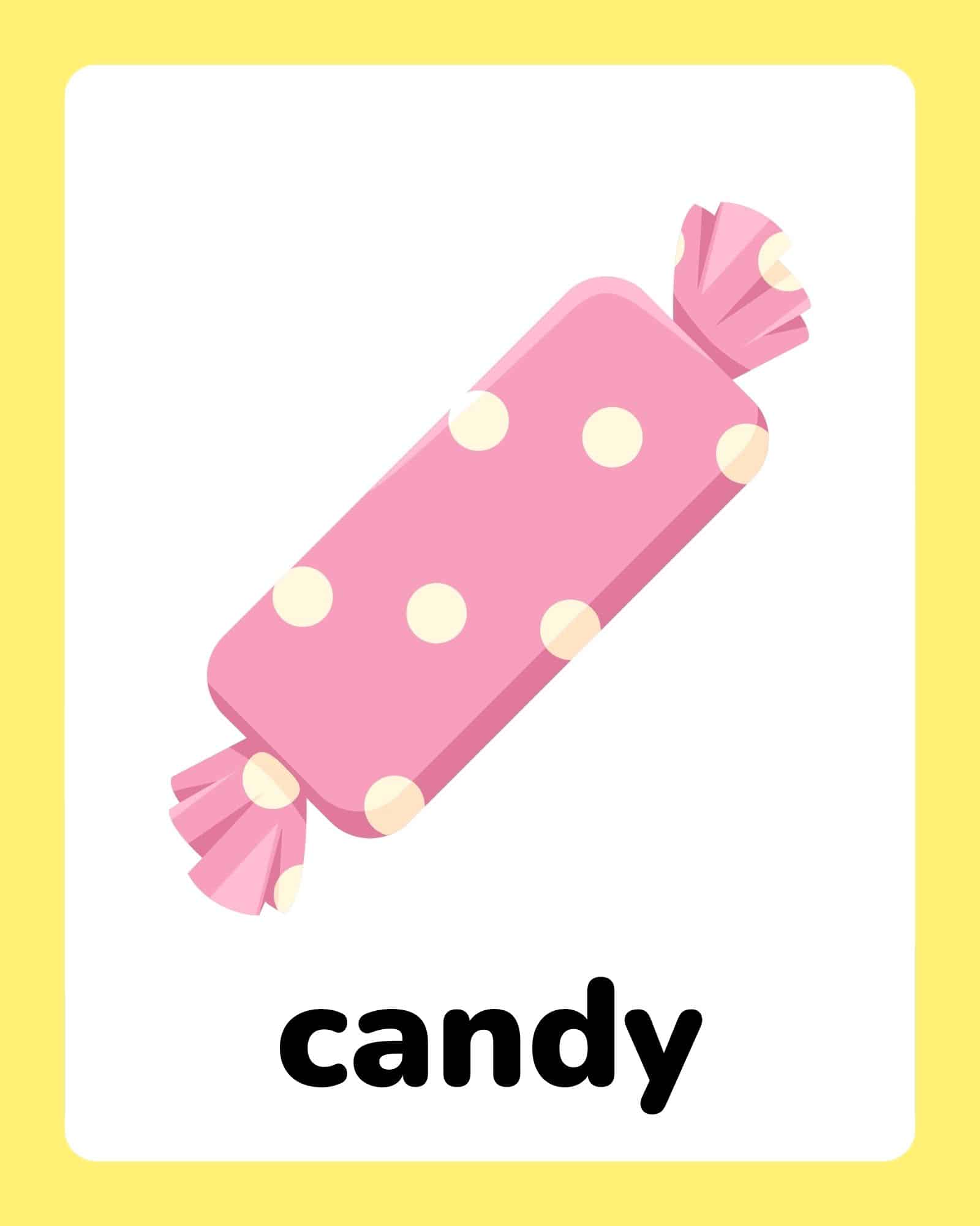 Flashcard showing a pink polka-dot wrapped candy with the word 'candy' below.