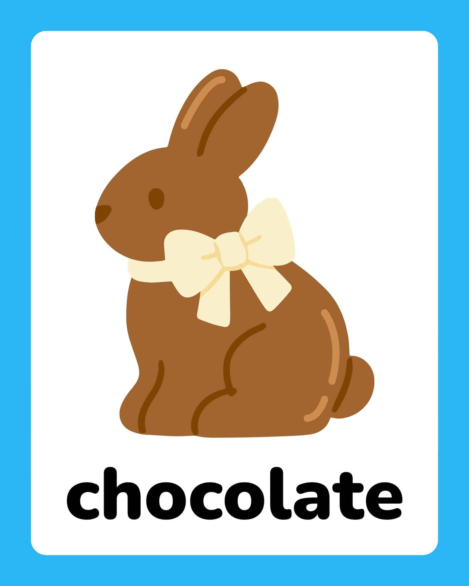 Easter flashcard: chocolate bunny with cream bow and the word 'chocolate'.