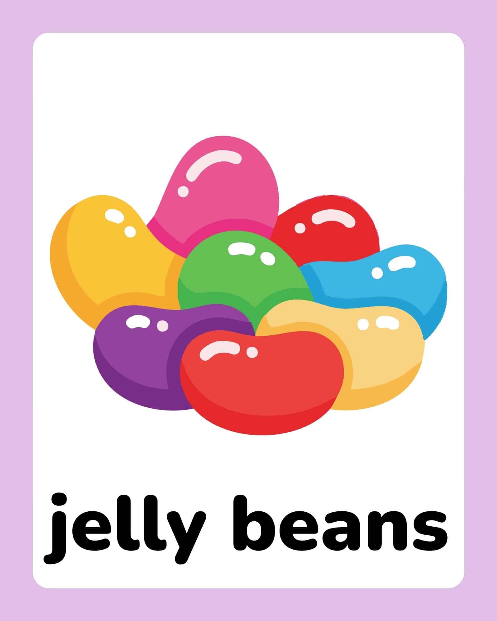 Easter flashcard showing colorful jelly beans with jelly beans label and lavender border.