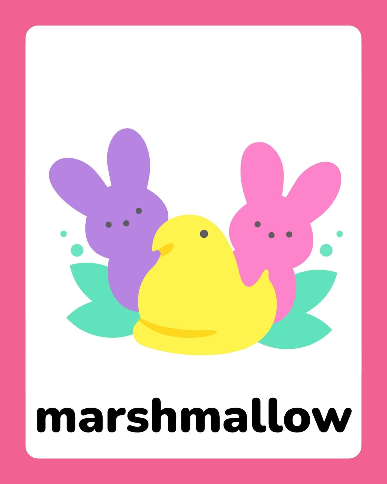 Easter flashcard showing a yellow marshmallow chick with pink and purple peep bunnies and the word 