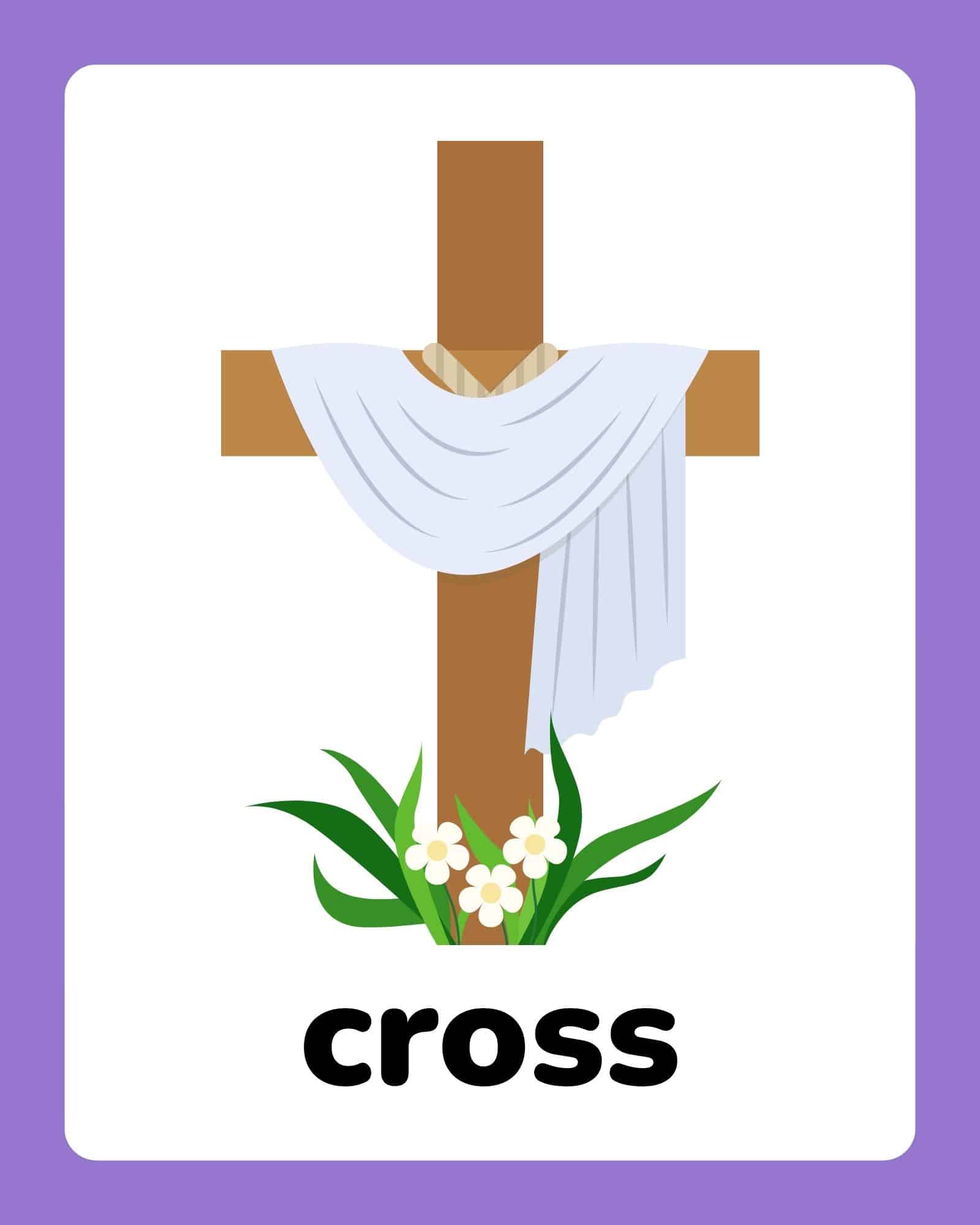 Easter flashcard with a wooden cross draped in white cloth and lilies, word 'cross' at bottom.
