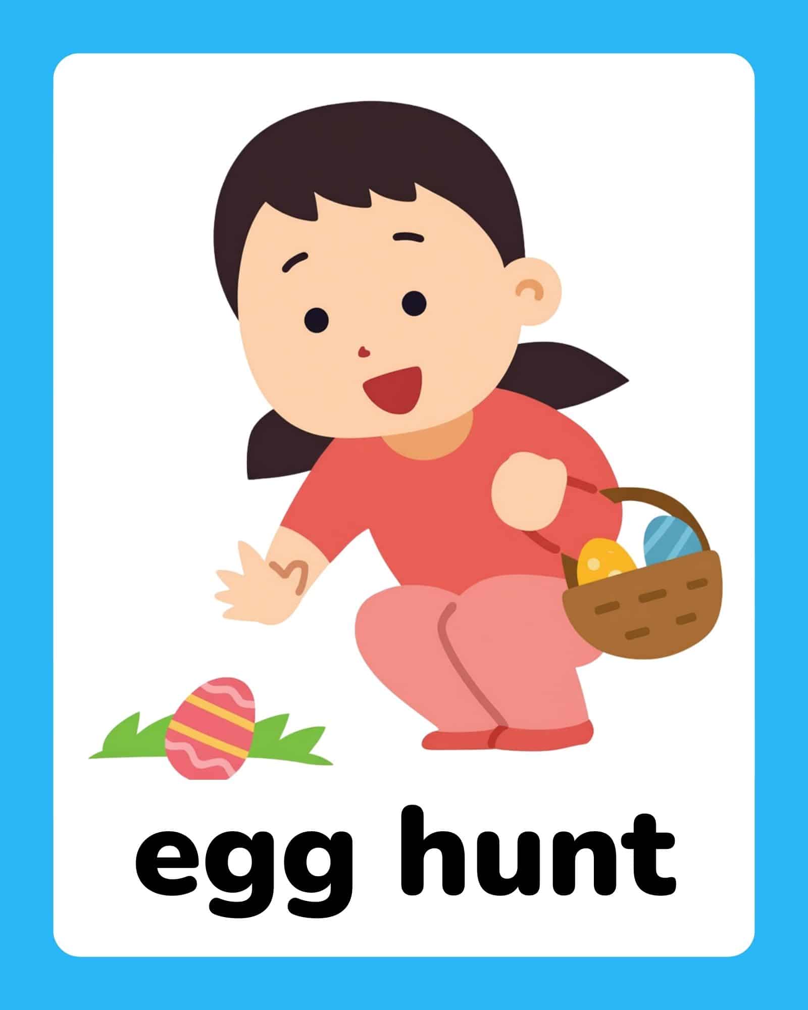 Girl crouching with a basket of Easter eggs and a nearby egg above the words 'egg hunt'.