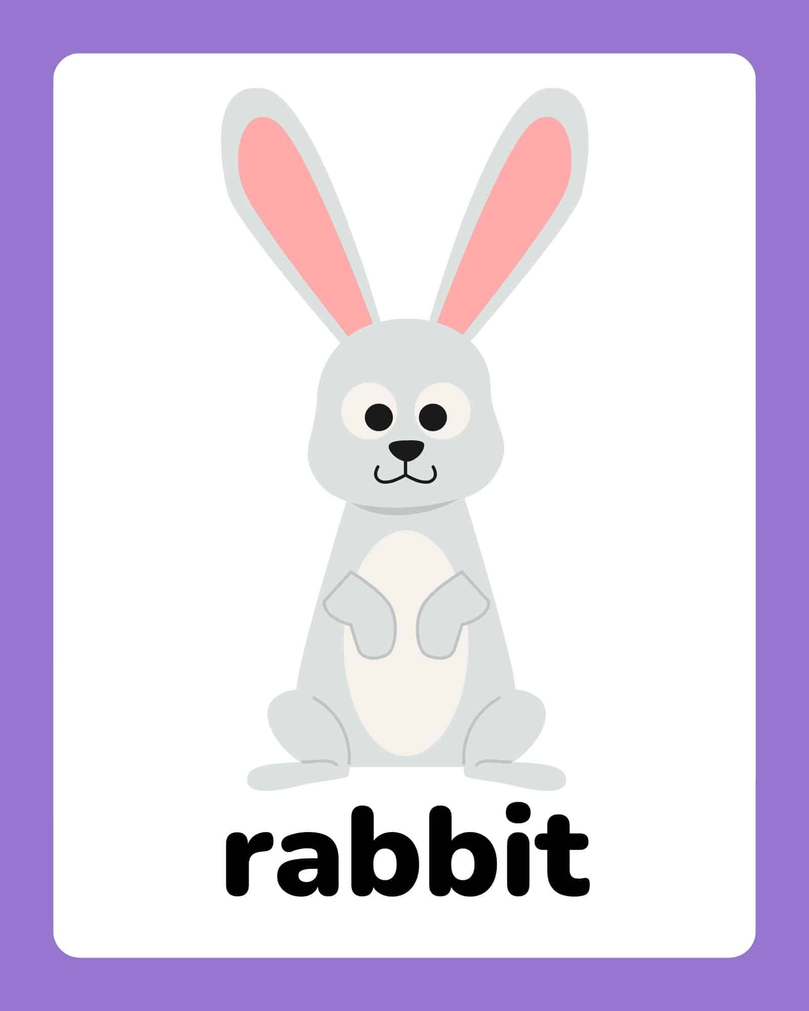 Easter flashcard with gray rabbit illustration and the word 'rabbit' on a purple border.