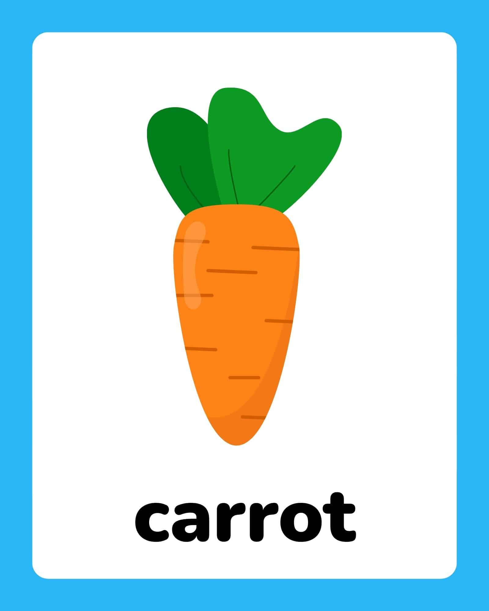 Easter printable flashcard showing an orange carrot with the word 'carrot'.