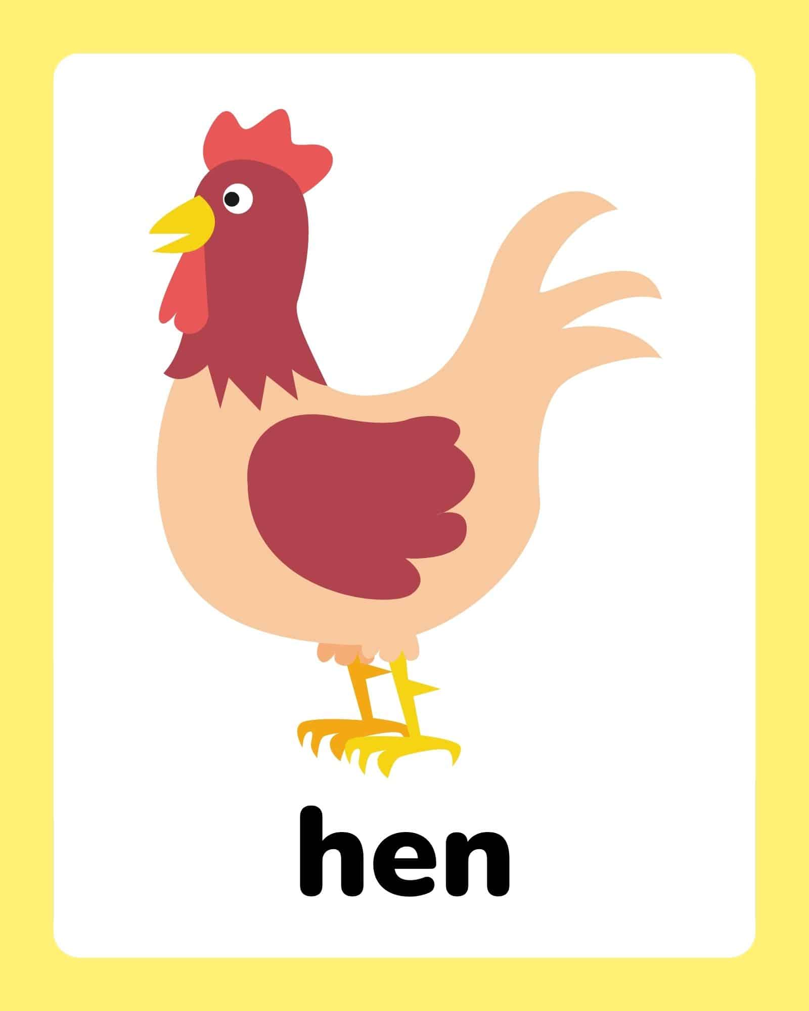 Cartoon hen flashcard with the word 'hen' beneath.