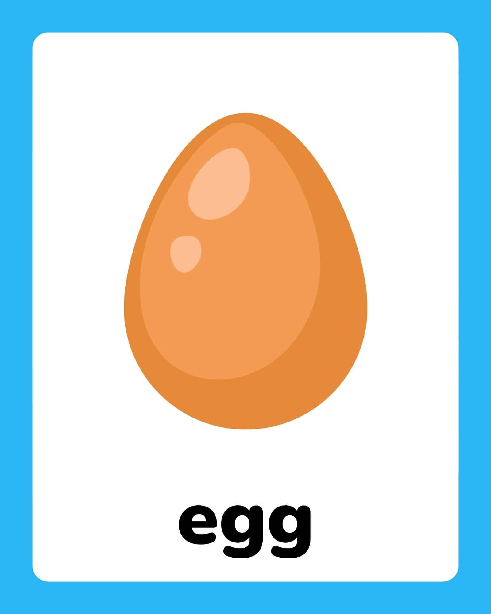Free printable Easter flashcard showing an orange egg with the word 'egg'.