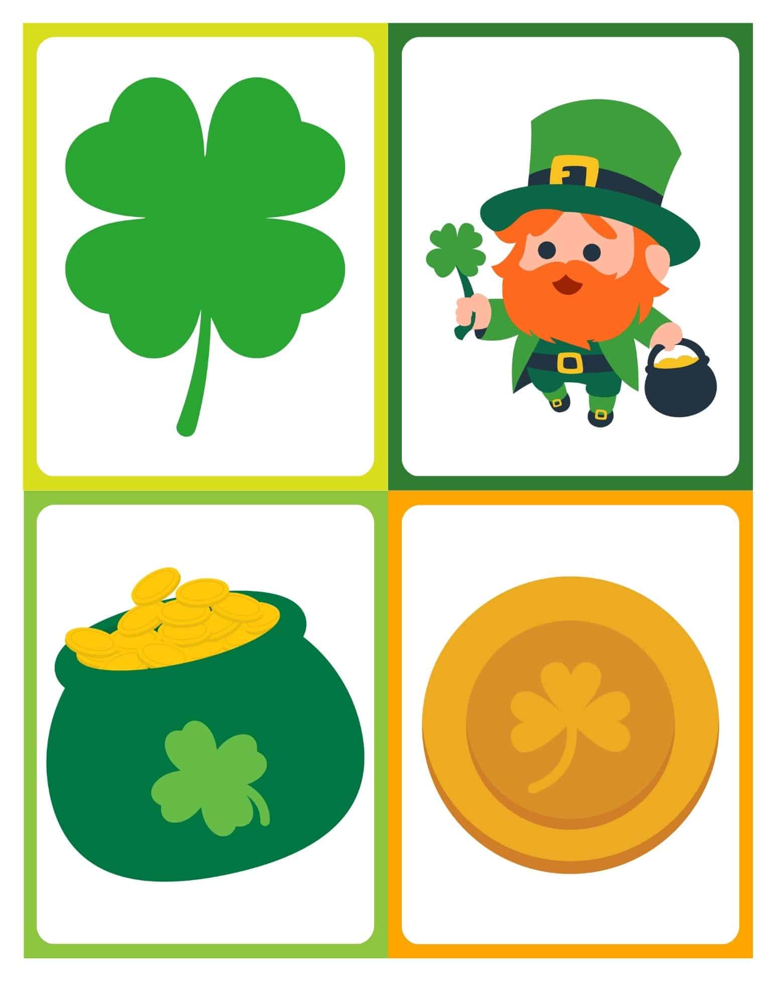 Free printable St. Patrick's Day flashcards with no words, featuring shamrock, leprechaun, pot of gold, and coin.