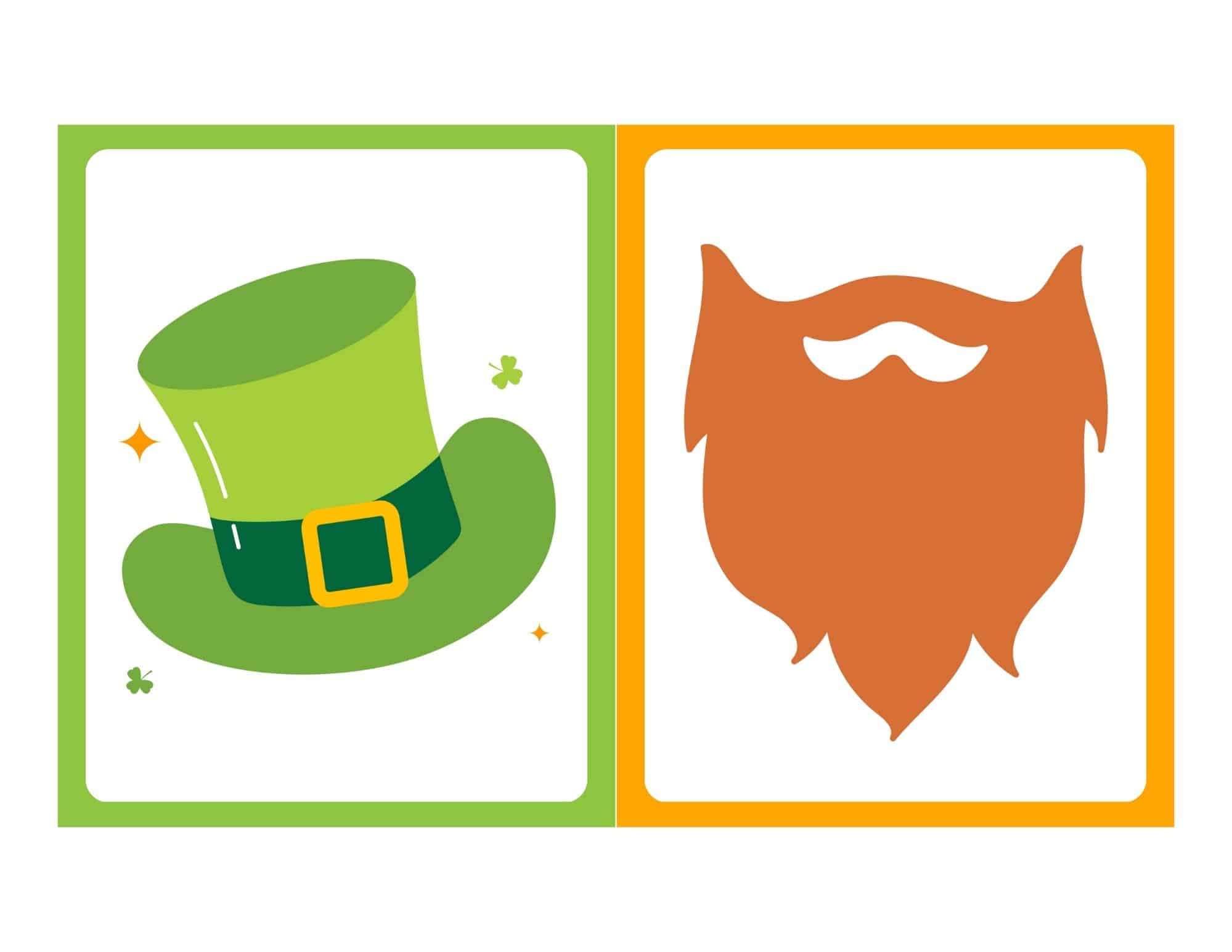Two free printable St. Patrick's Day flashcards with no words: left a green leprechaun hat, right an orange beard.