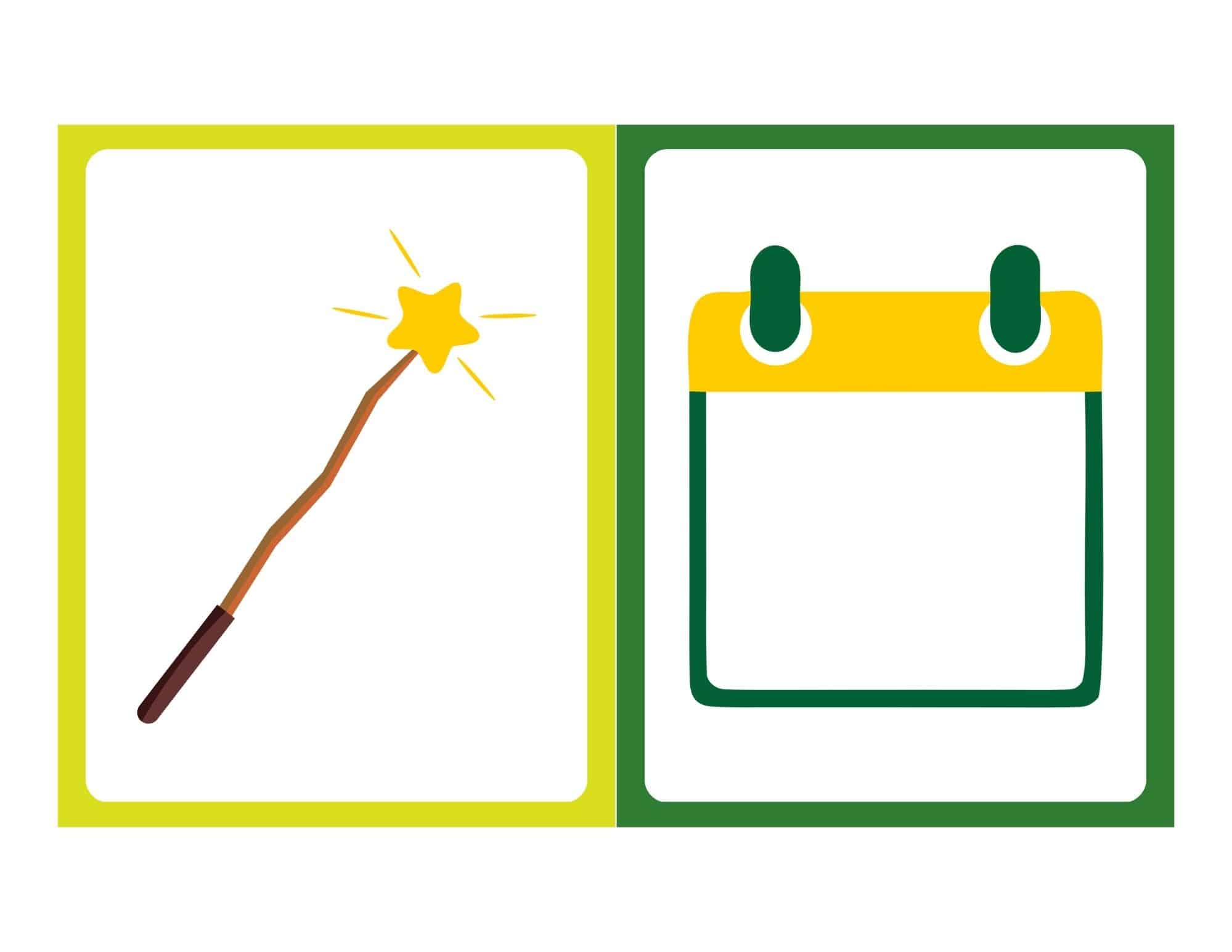 Free printable St. Patrick's Day flashcards for kids, left shows a magic wand and right a calendar icon.