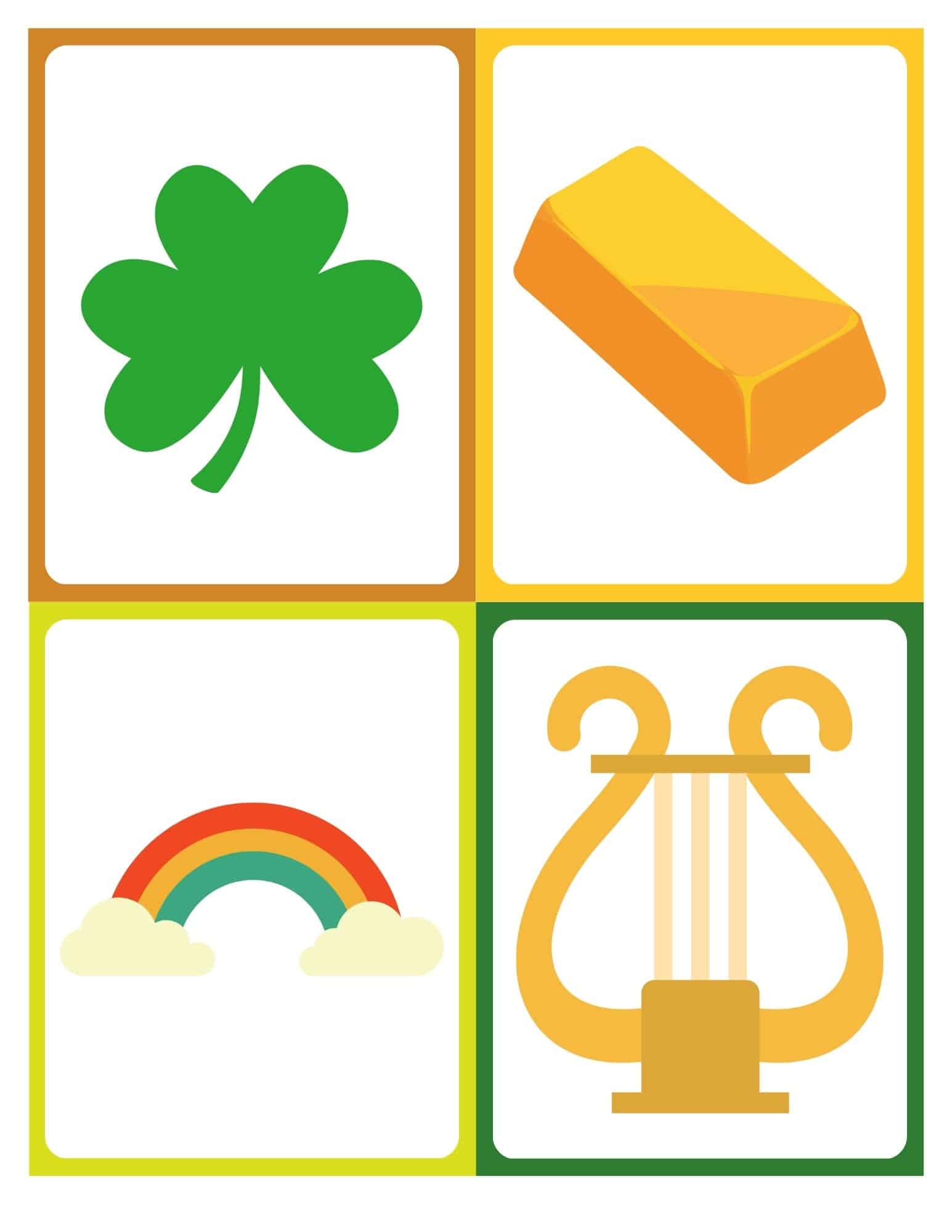 Free printable St. Patrick's Day flashcards with no words showing shamrock, gold bar, rainbow, and harp.