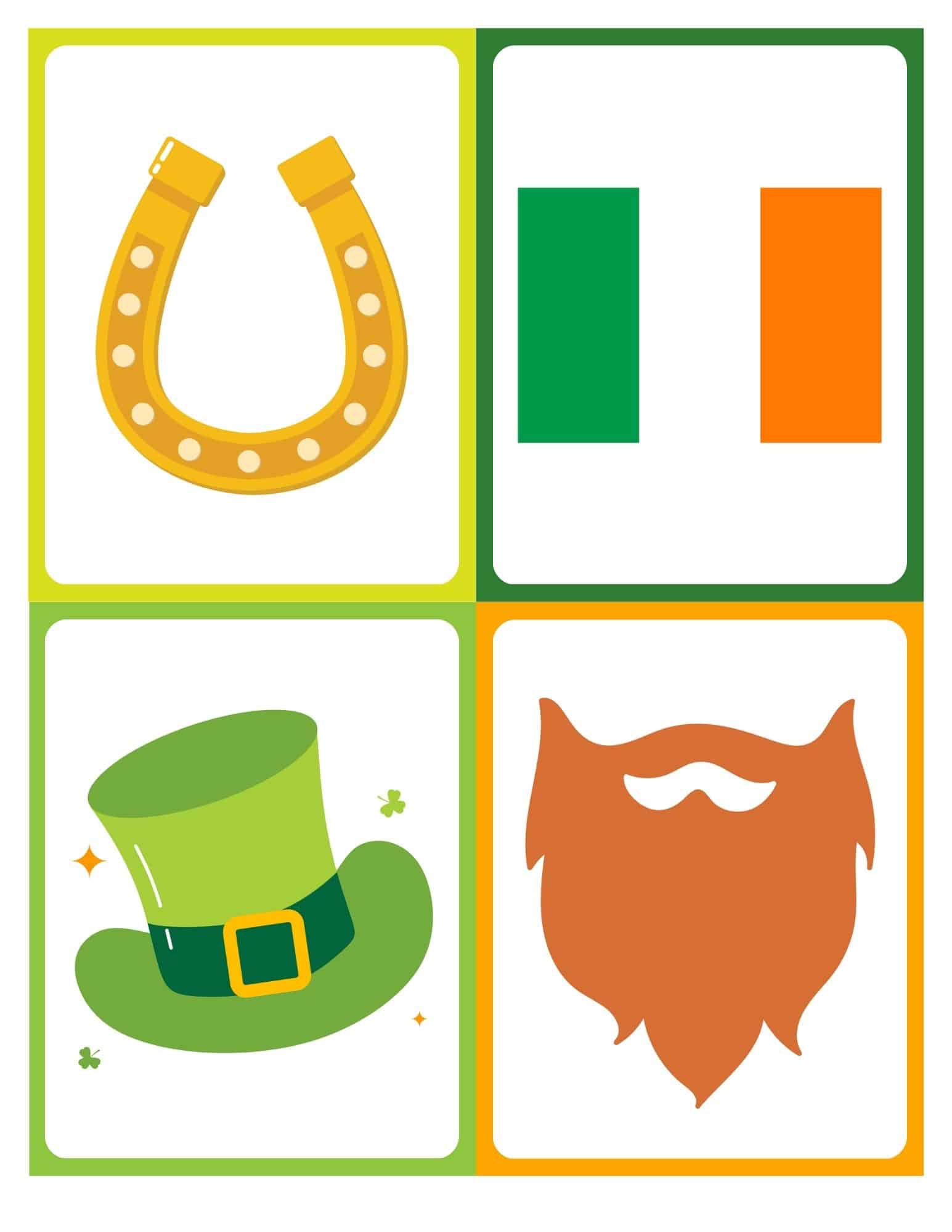 Free printable Saint Patrick's Day flashcards with no words, featuring a horseshoe, shapes, a leprechaun hat, and a beard.