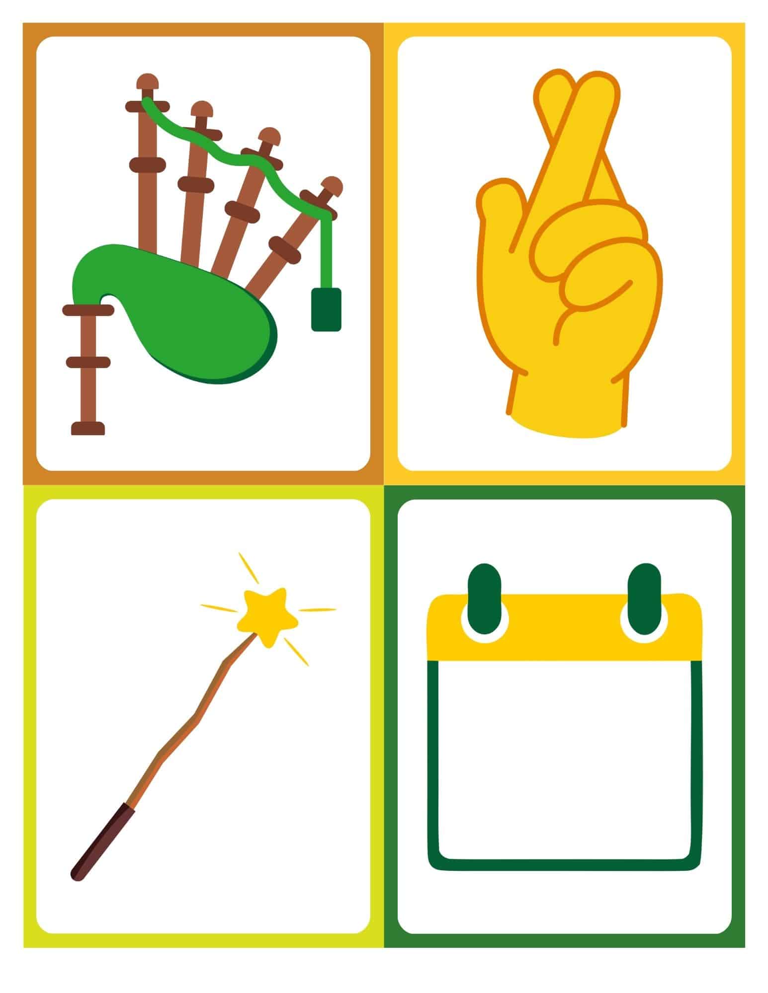 Free printable St. Patrick's Day flashcards with no words: bagpipes, crossed fingers, wand, calendar.