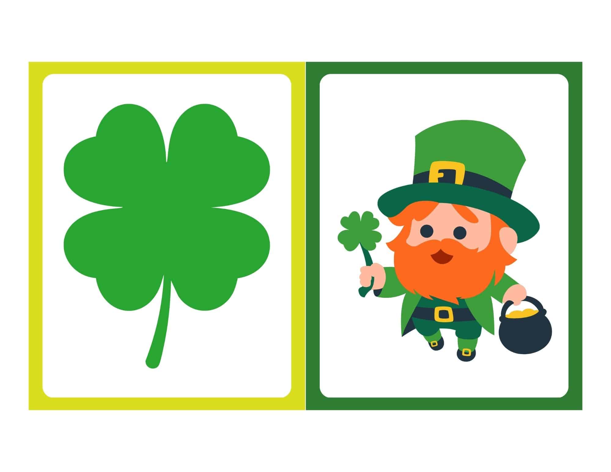 Two St. Patrick's Day flashcards: a green shamrock and a leprechaun with a pot of gold.