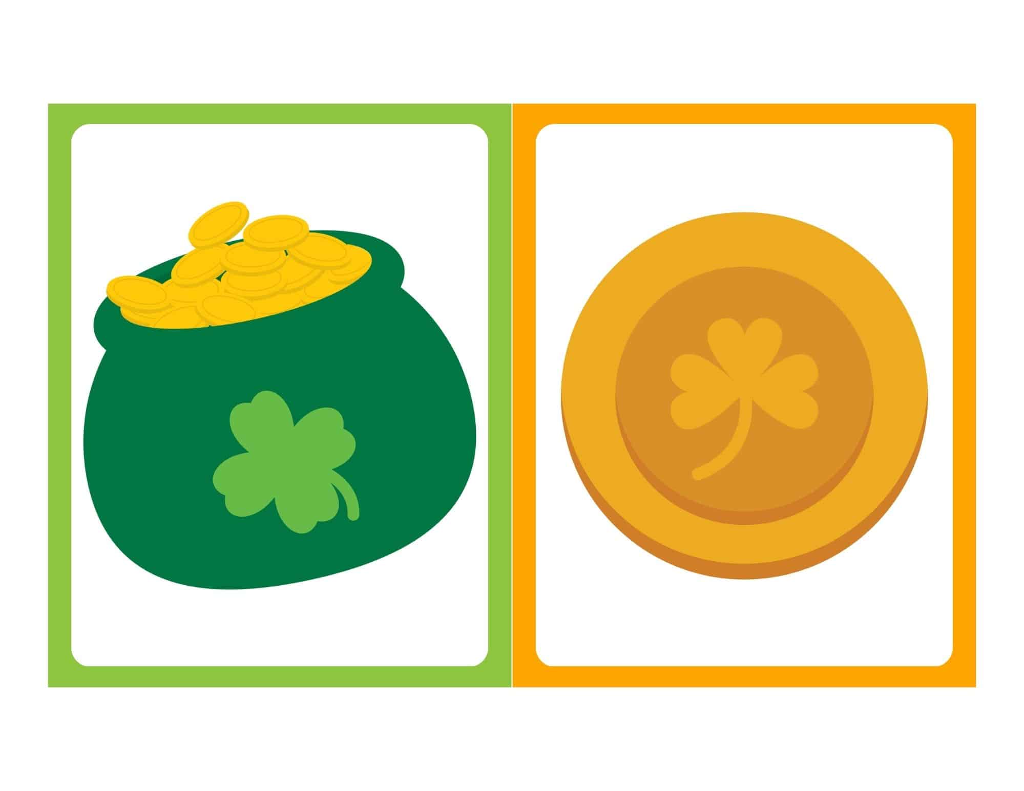 Two St. Patrick's Day flashcards: left shows a green pot of gold with a shamrock, right a gold coin with a shamrock.