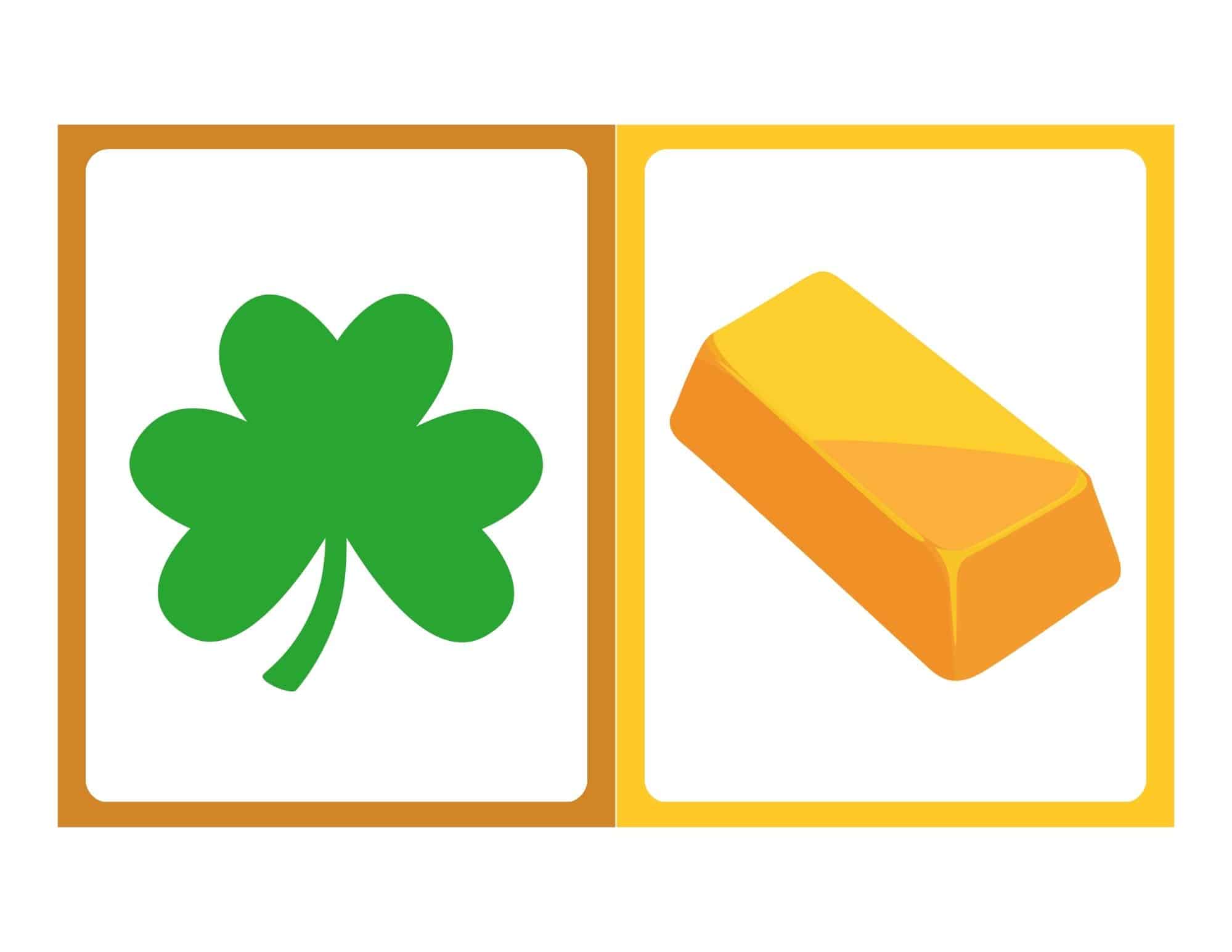 Two printable flashcards side by side: a green shamrock on the left and a gold bar on the right.