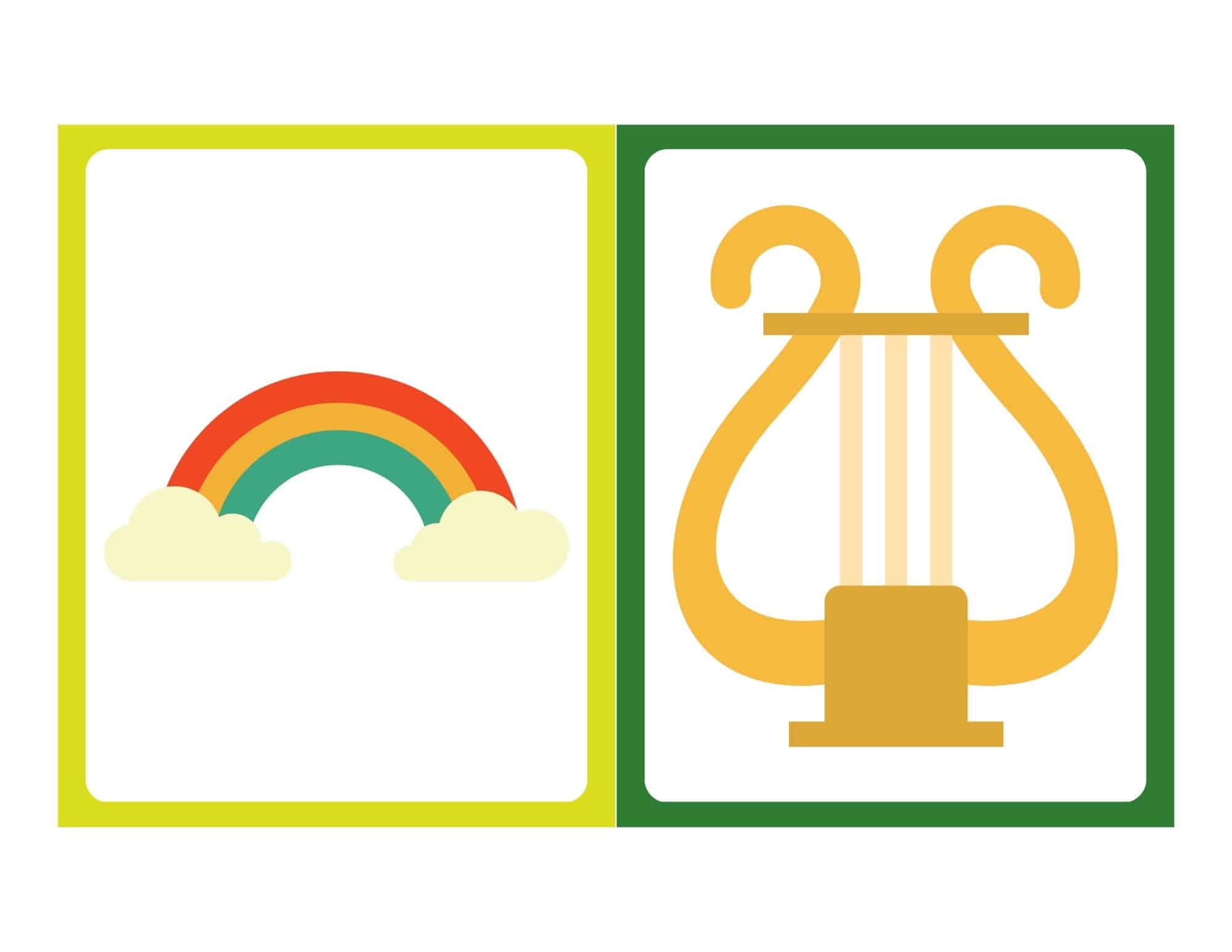 Two free printable St. Patrick's Day flashcards with no words: a rainbow and a harp.