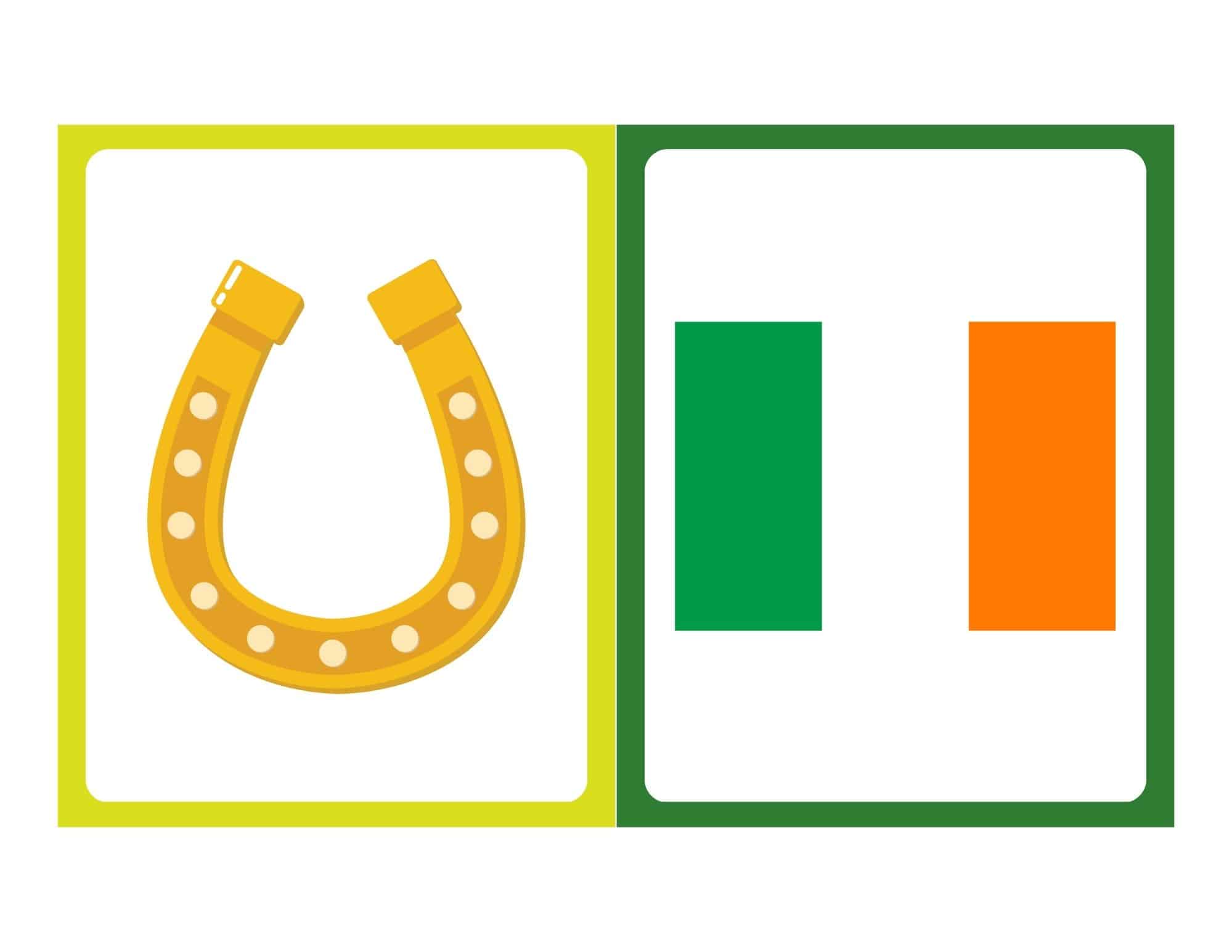 Free printable St. Patrick's Day flashcards with no words, showing a horseshoe on the left and color bars on the right.