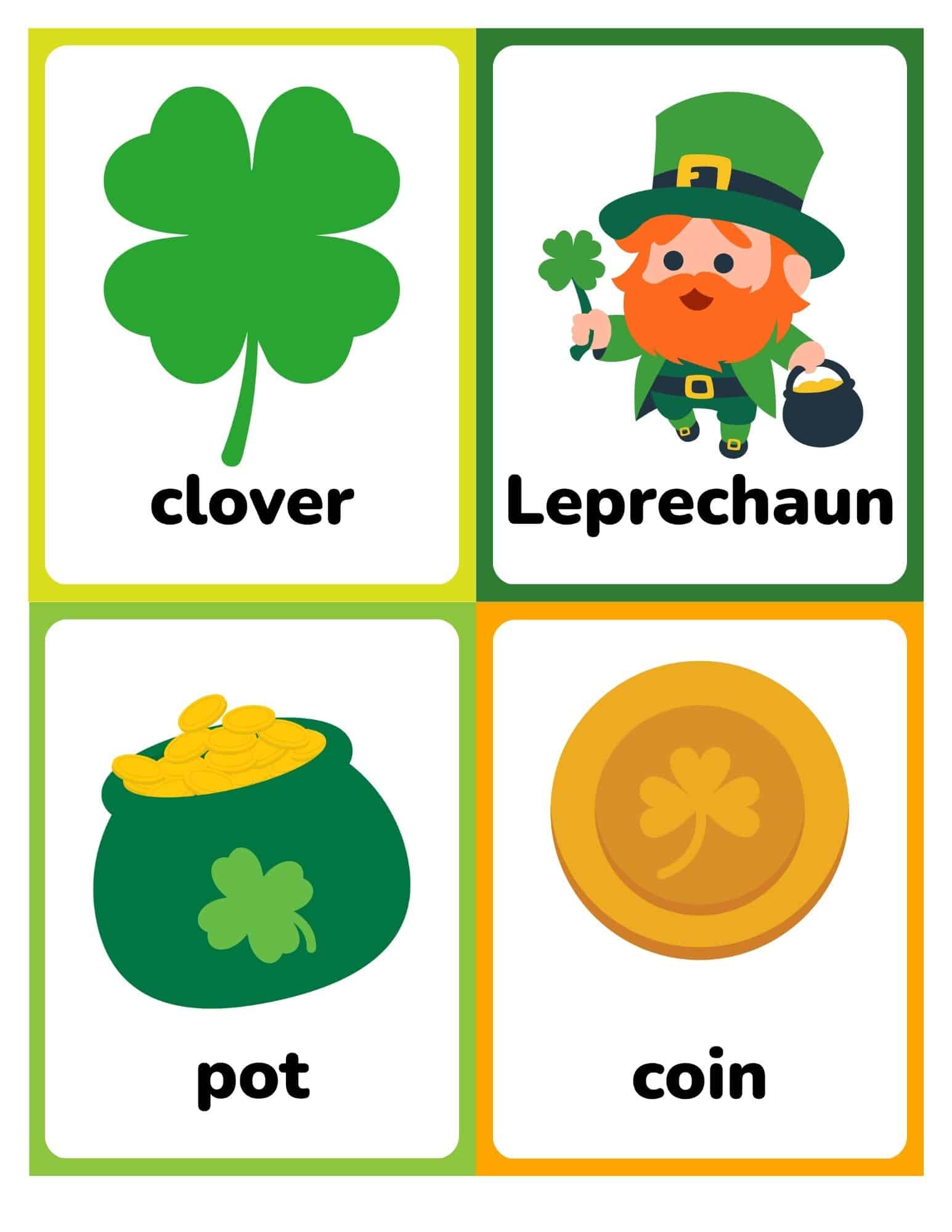 Free printable St. Patrick's Day flashcards with words featuring clover, Leprechaun, pot, and coin.