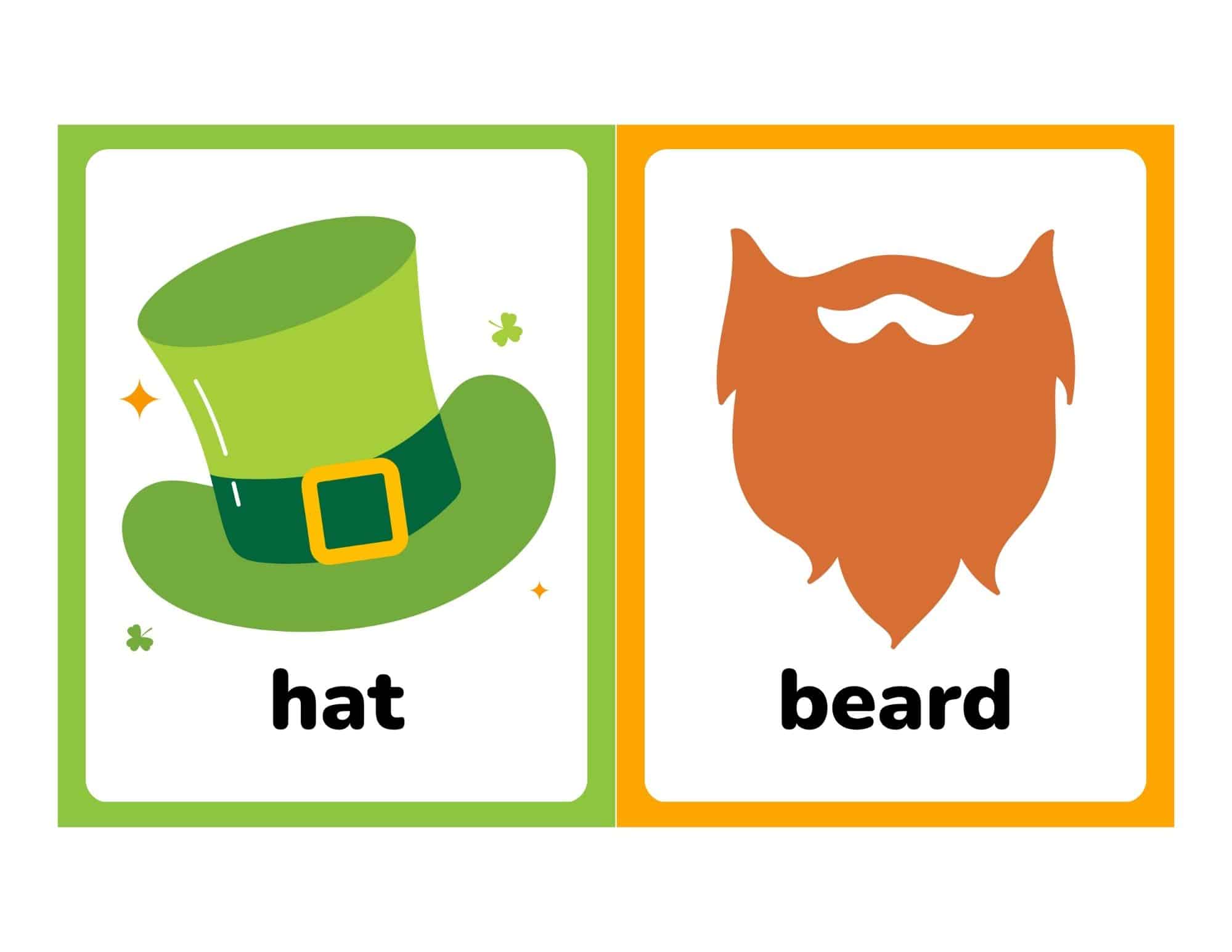 Free printable St. Patrick's Day flashcards: hat and beard with words.