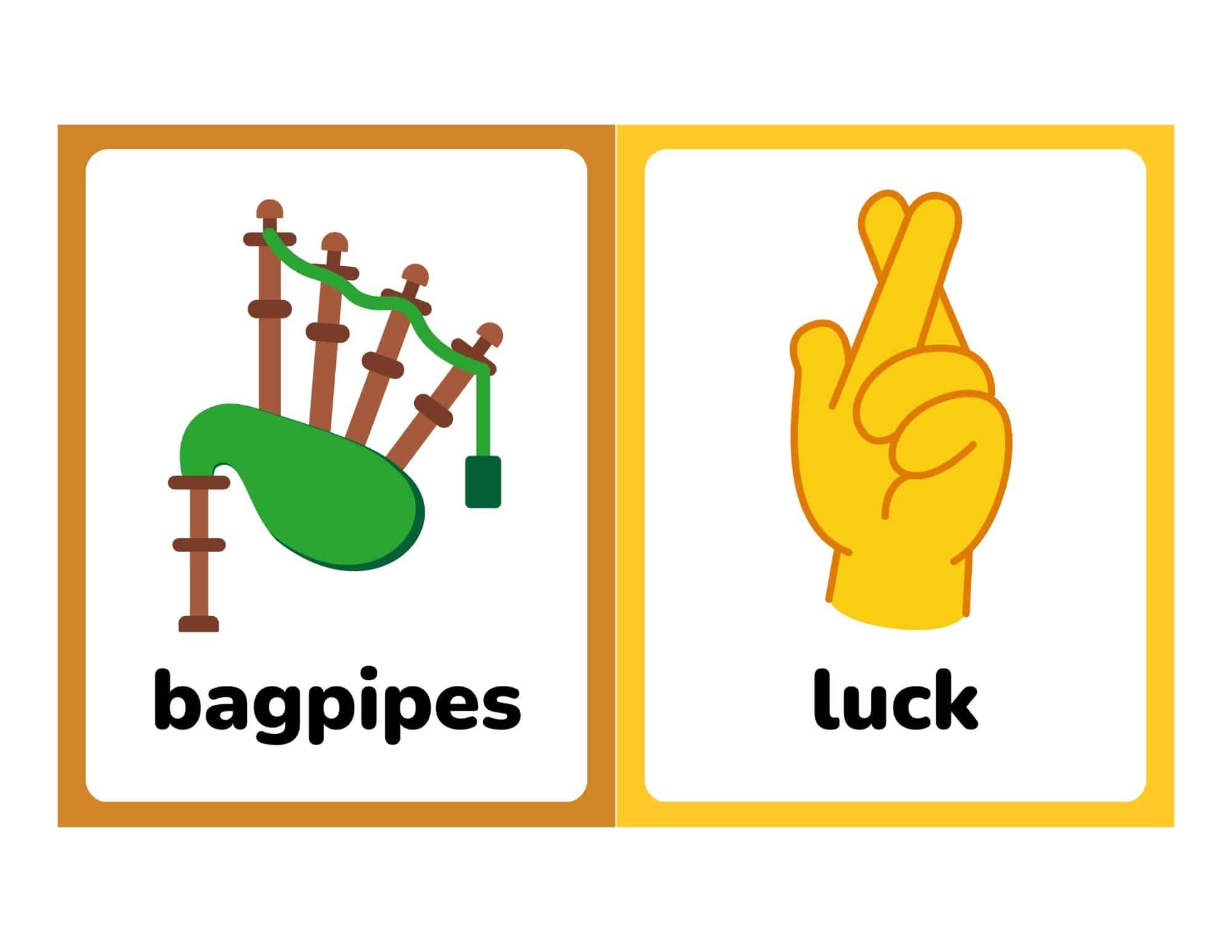 Two St. Patrick's Day flashcards showing the words bagpipes and luck with illustrations.