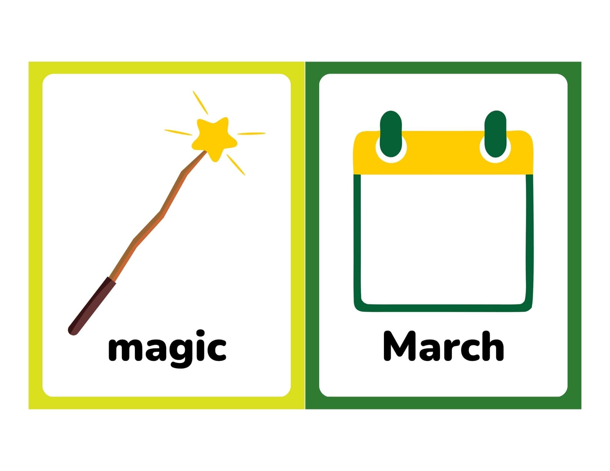 Two St. Patrick's Day flashcards: left shows a magic wand and the word magic; right shows a calendar with March.