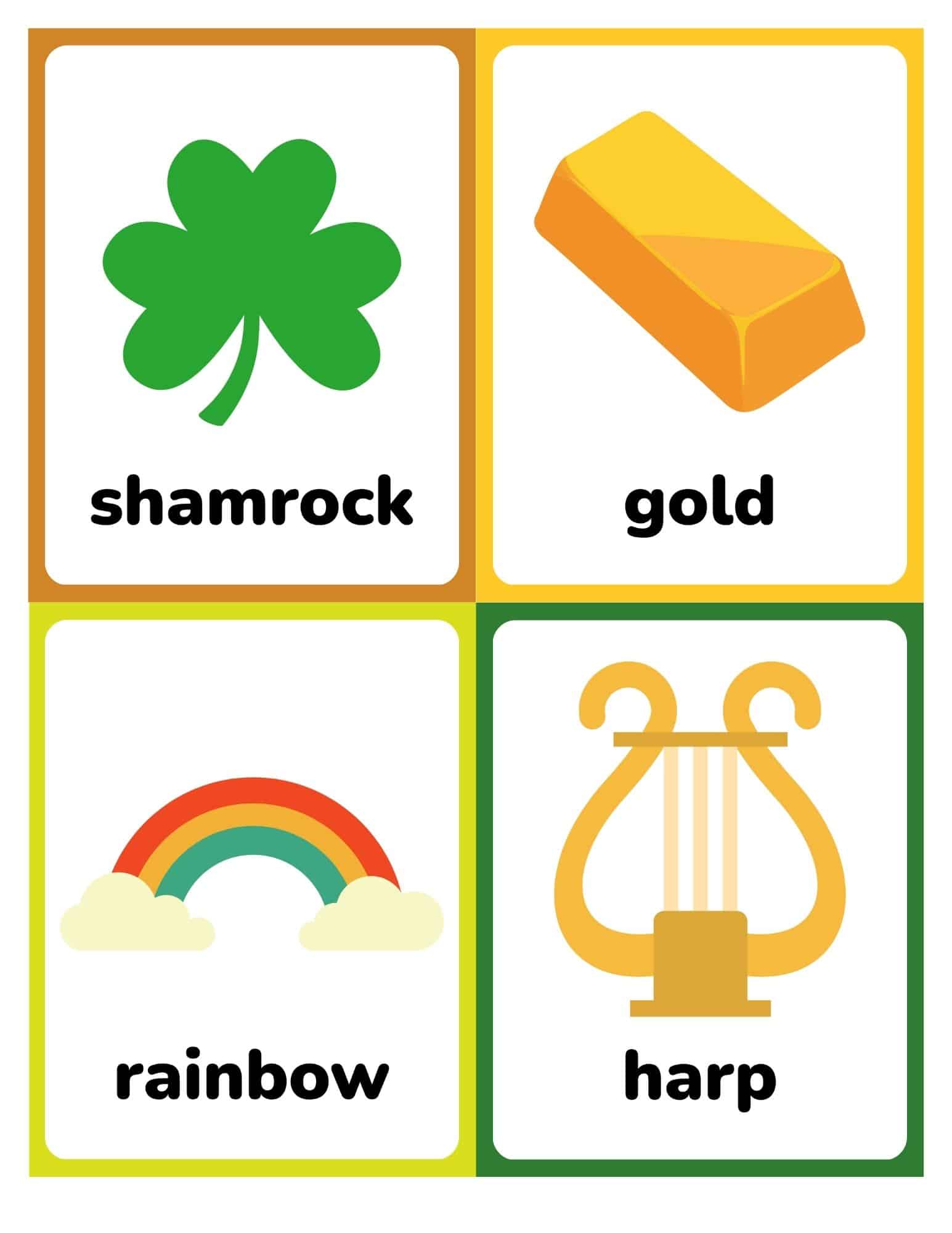 Four St. Patrick's Day flashcards with illustrations and words: shamrock, gold, rainbow, and harp.