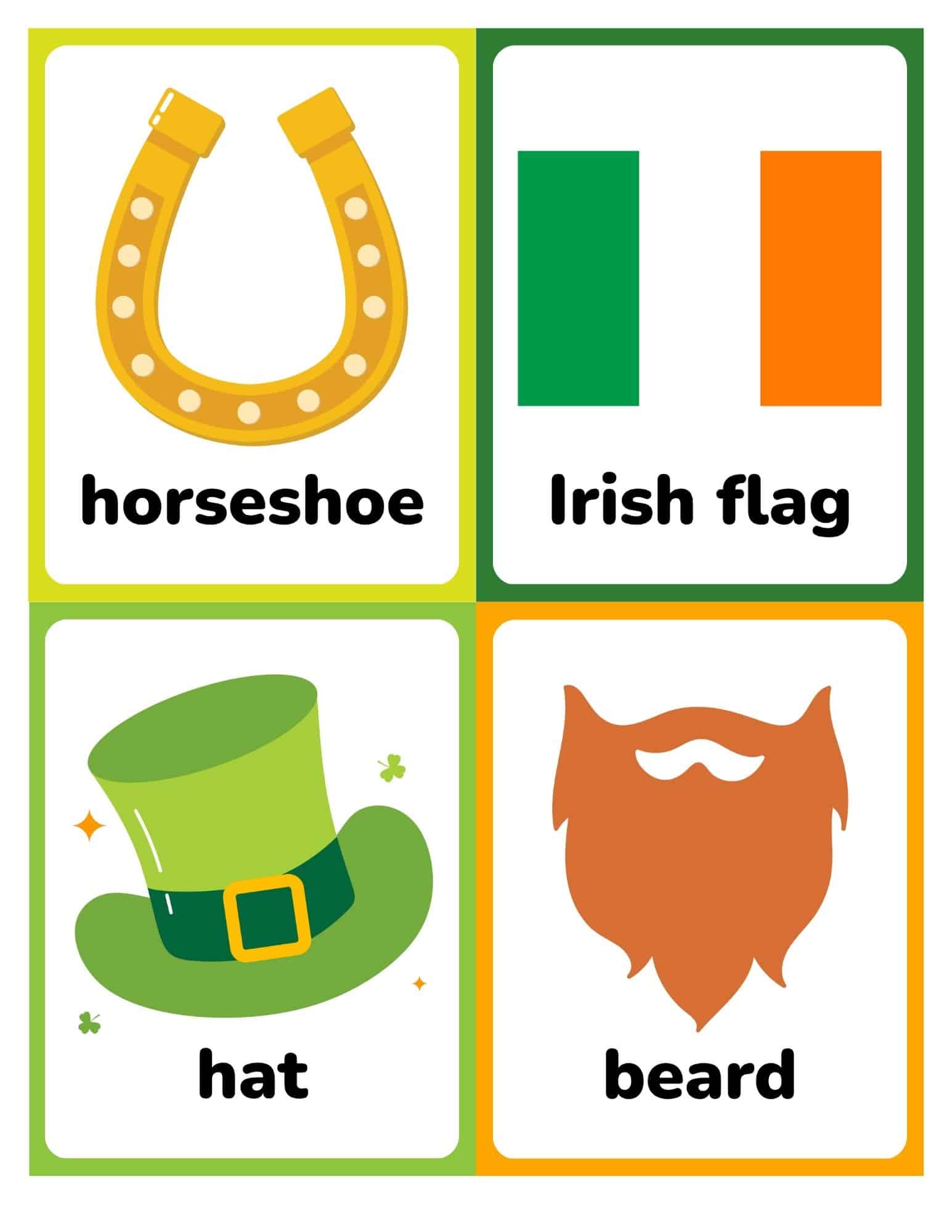 Free printable St. Patrick's Day flashcards with words for kids; horseshoe, Irish flag, hat, beard.