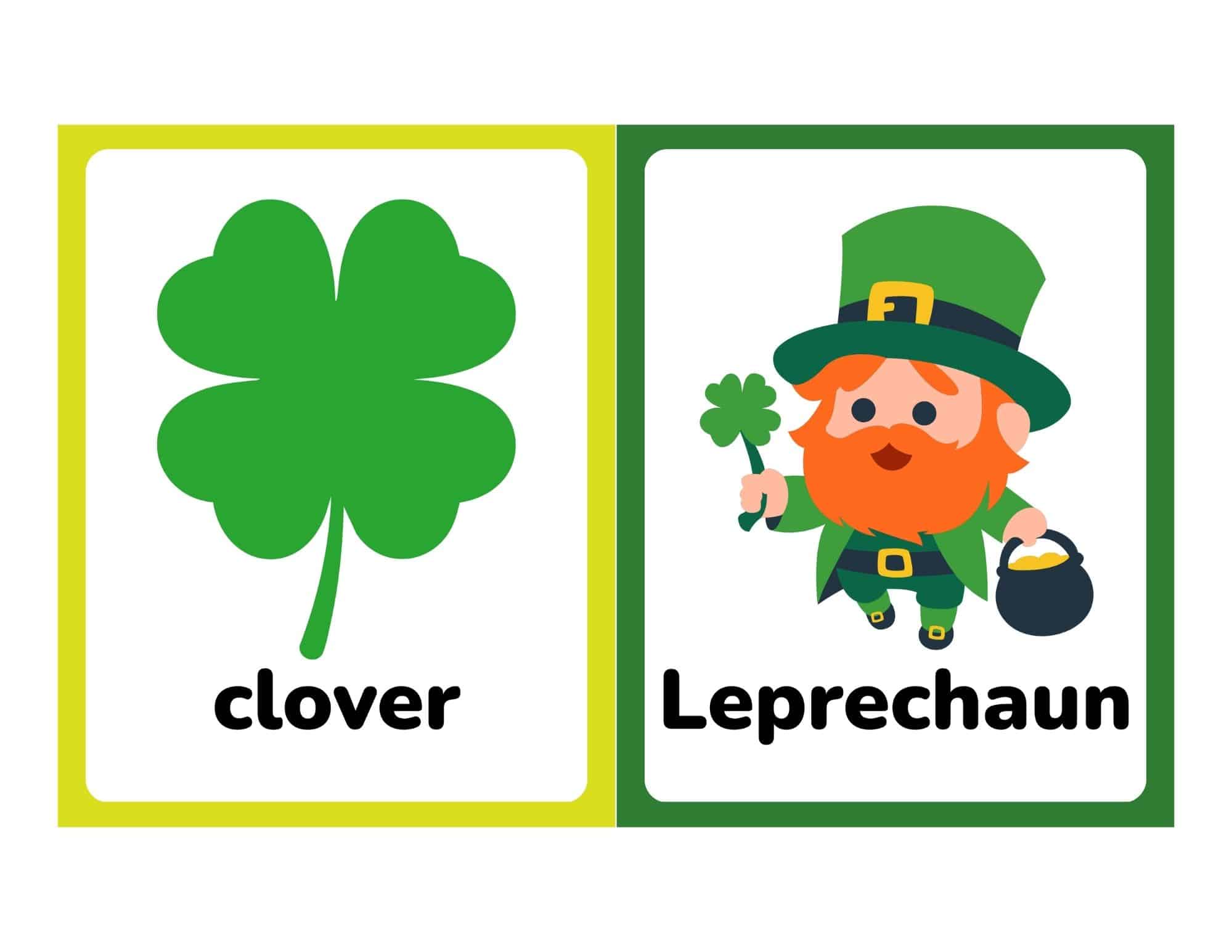 Two Saint Patrick's Day flashcards: a green shamrock labeled 'clover' and a leprechaun with a pot of gold.
