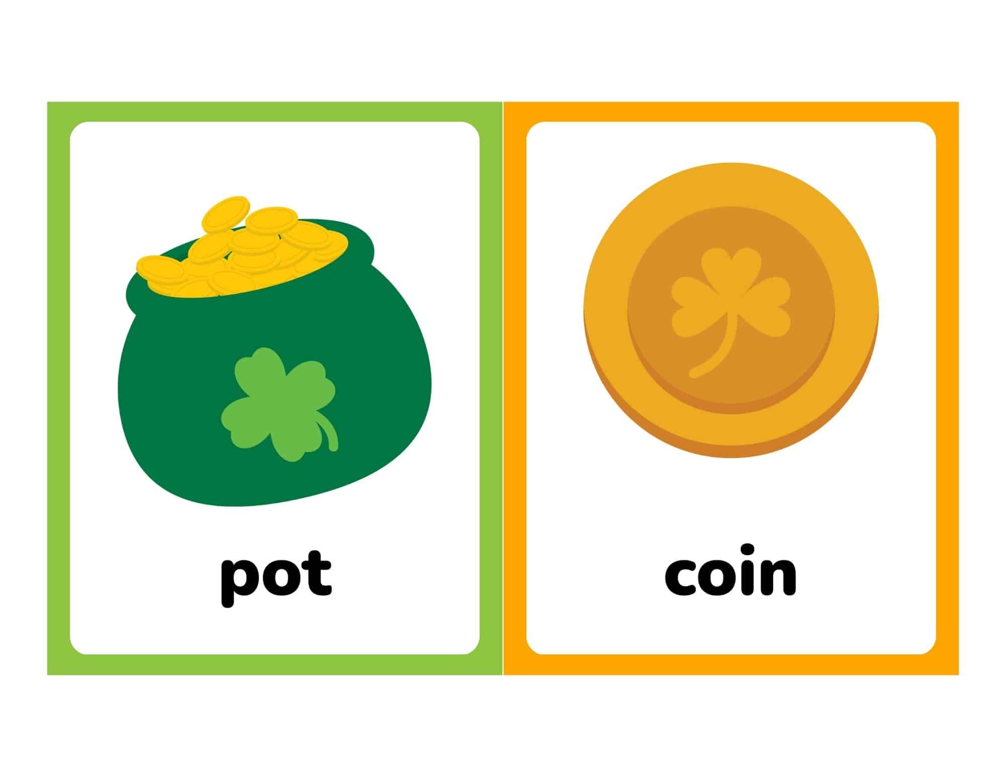 Two St. Patrick's Day flashcards: pot of gold with a shamrock on a green border, and a coin with a shamrock on an orange border.