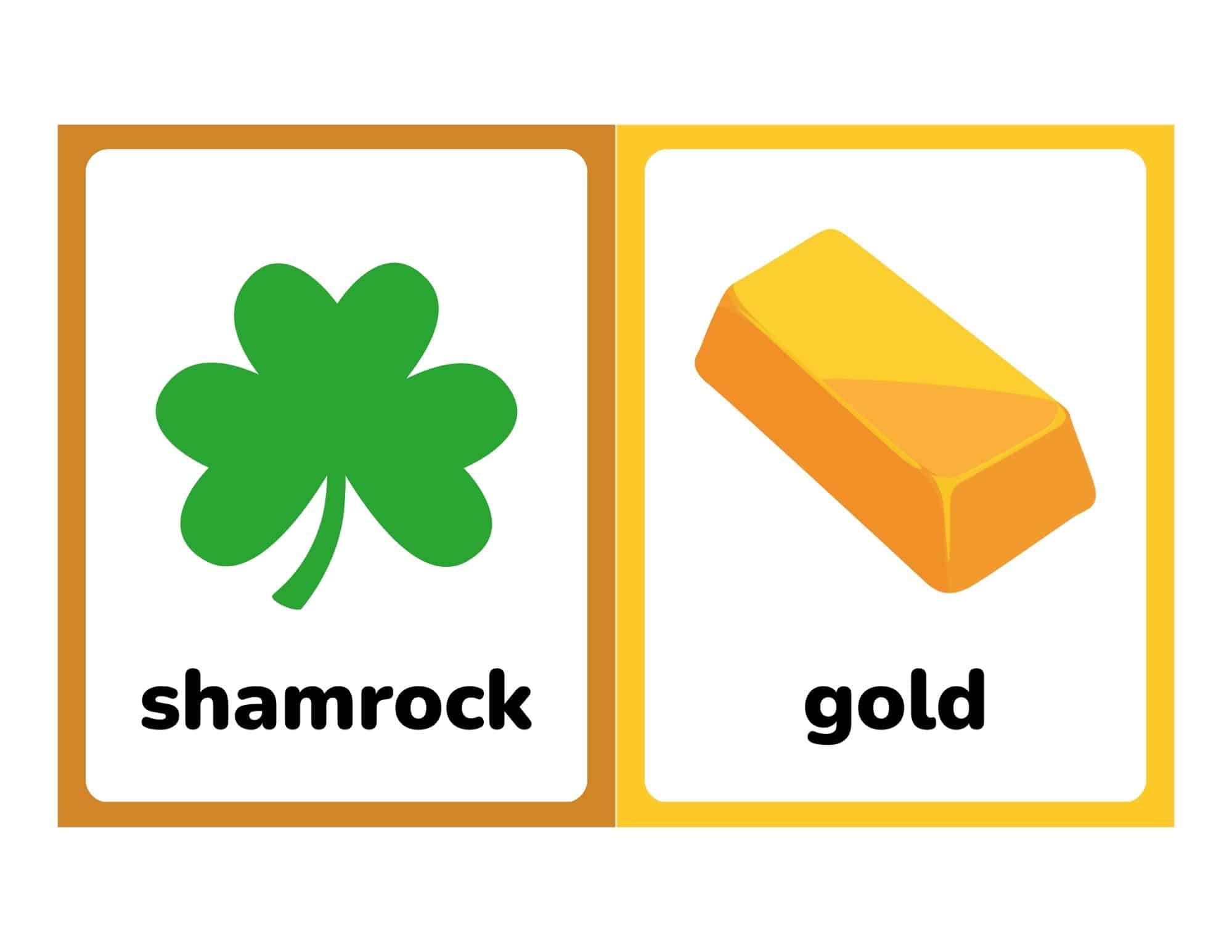 Two printable St. Patrick's Day flashcards: shamrock card and gold bar card with words.