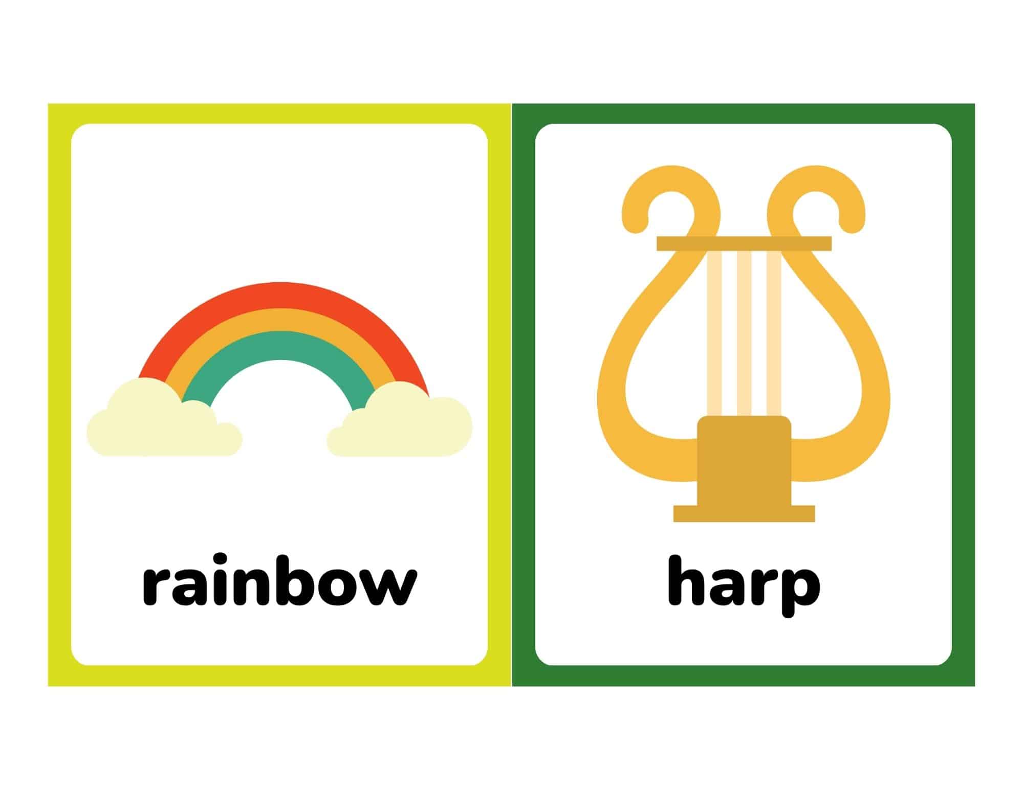 Two St. Patrick's Day flashcards: rainbow and harp with words, bordered in yellow and green.