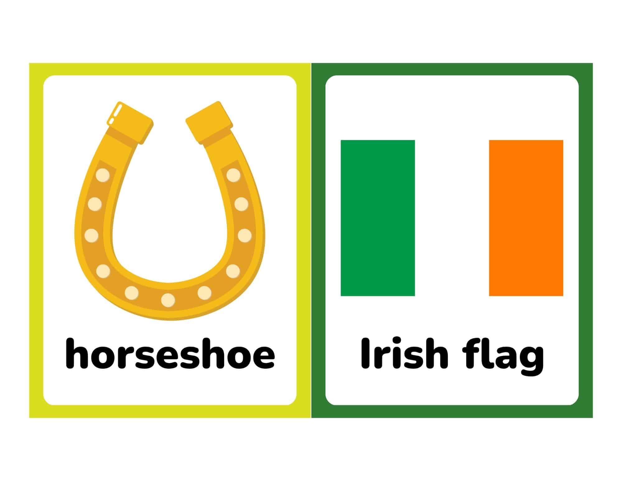 Two printable flashcards: a yellow-bordered horseshoe and a green-bordered Irish flag with word labels.