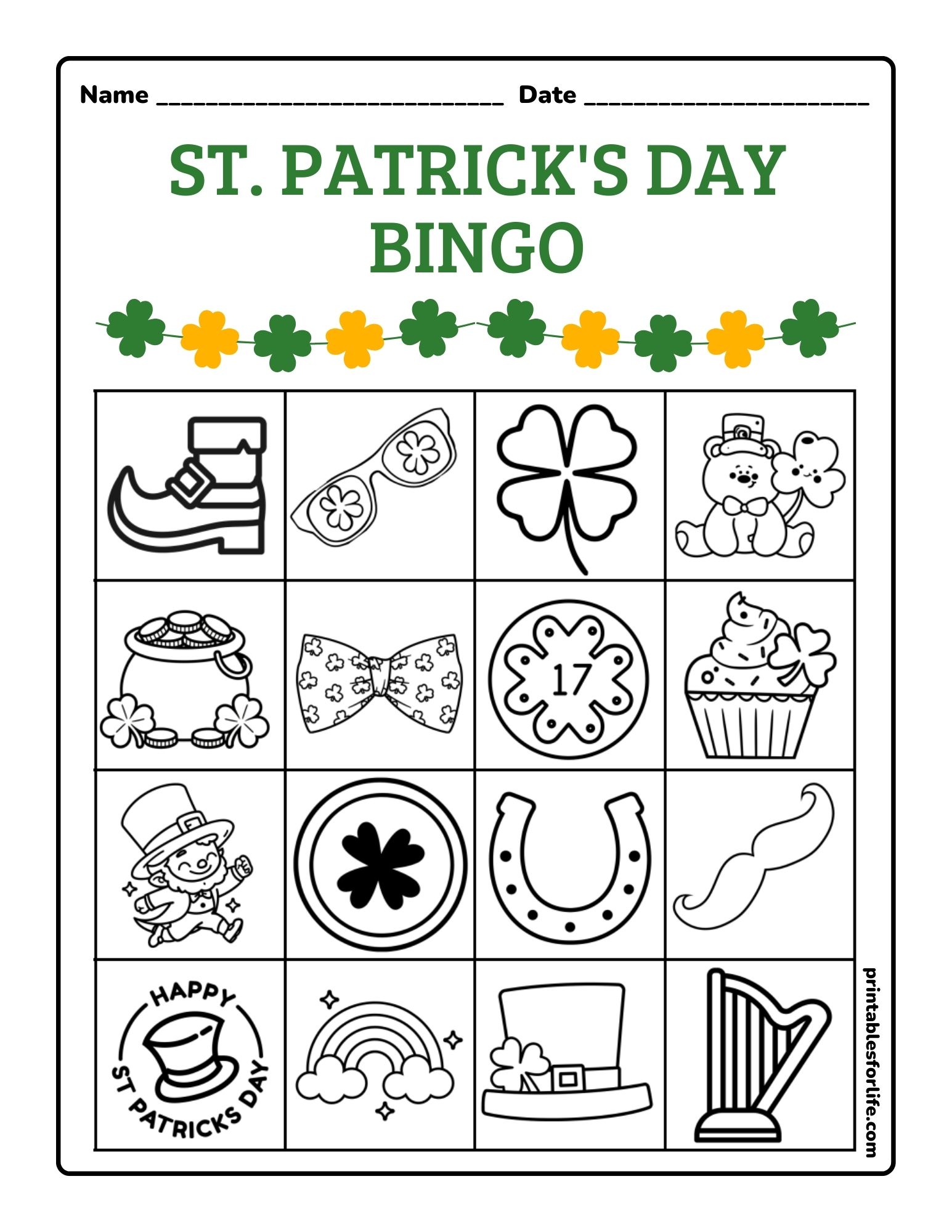 St. Patrick's Day Bingo cards grid with shamrocks and themed icons.