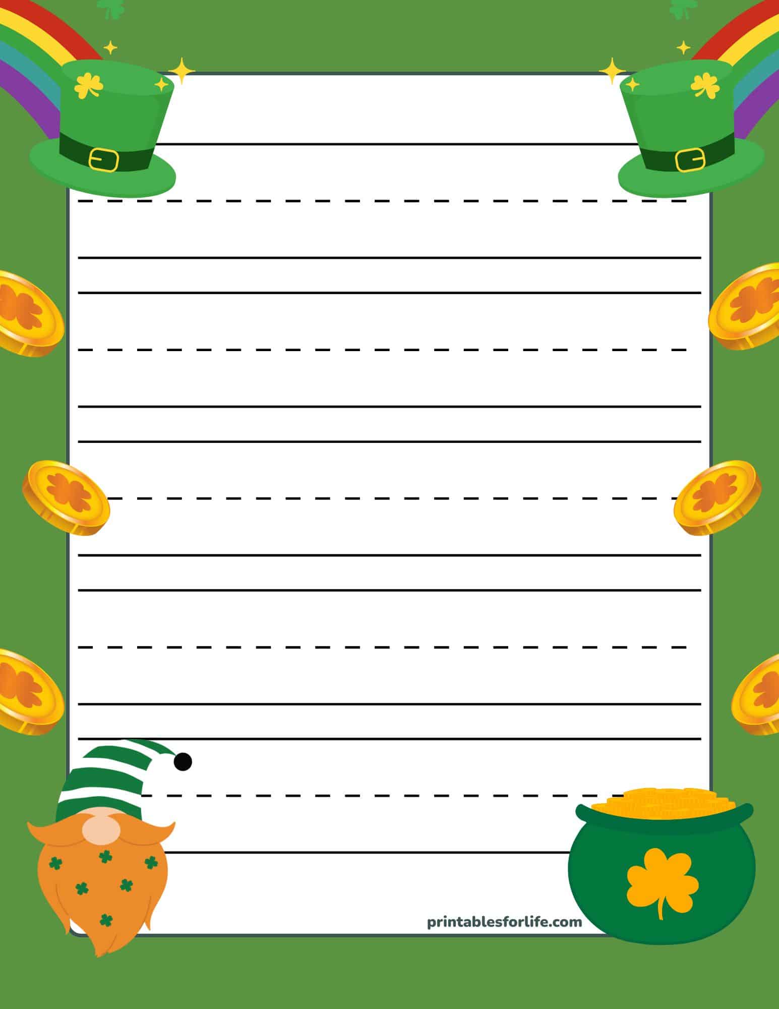 St. Patrick's Day handwriting paper with solid and dashed lines for kindergarten writing practice; Saint Patrick's Day printables.