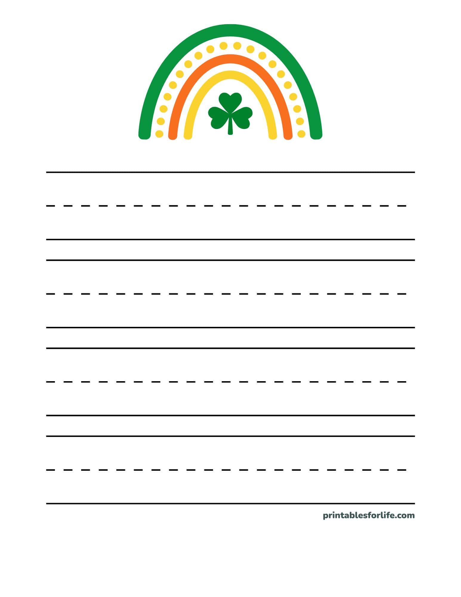 St. Patrick's Day handwriting paper with rainbow arch and clover for kindergarten writing and literacy.