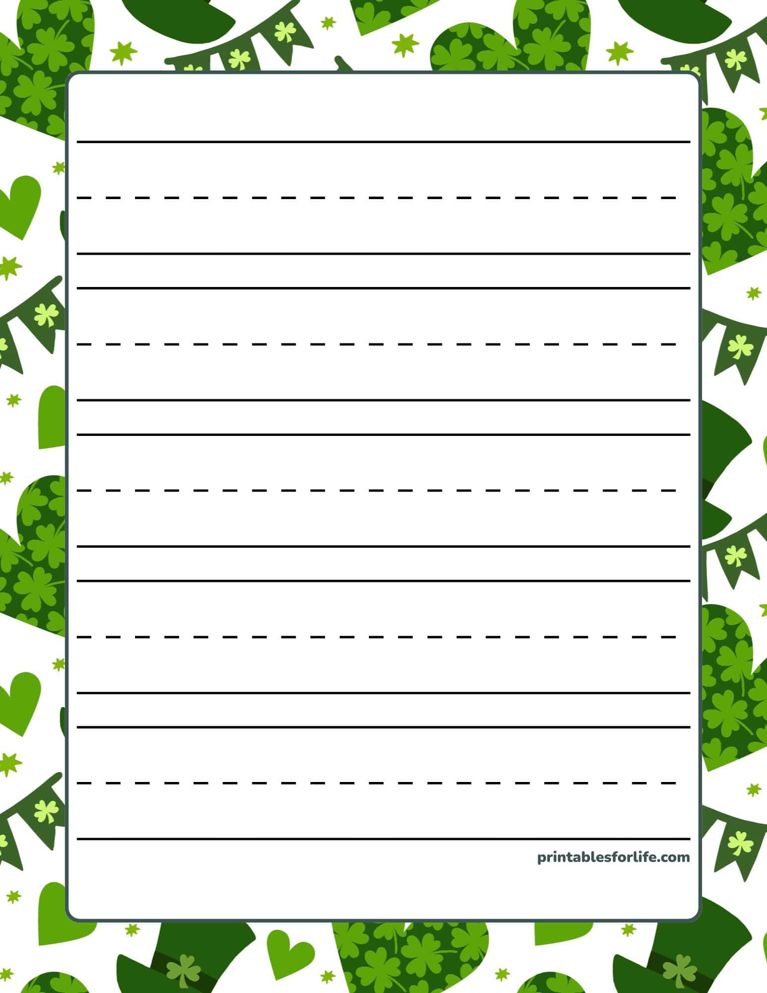 St. Patrick's Day handwriting paper for kindergarten writing with solid and dashed lines.