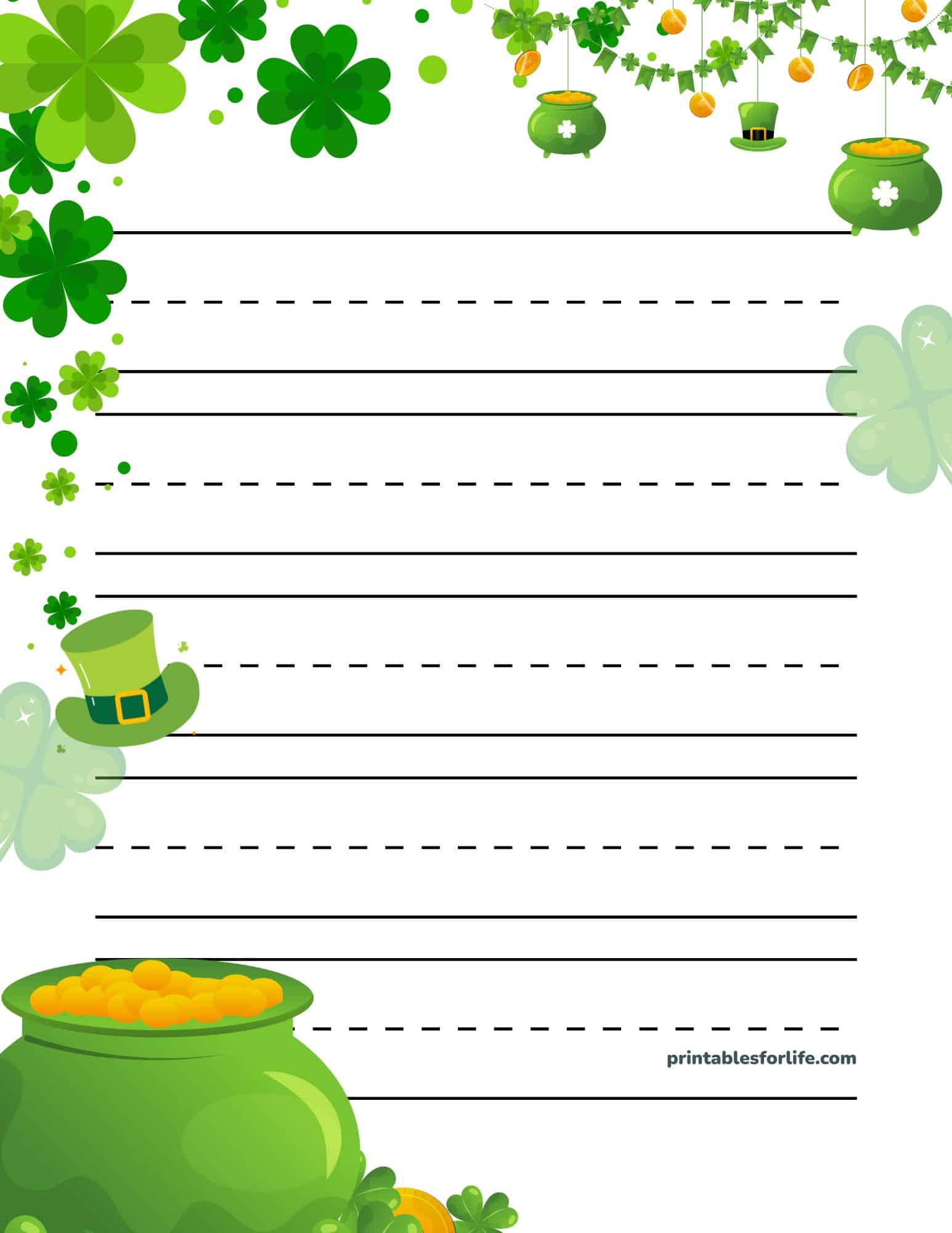 St. Patrick's Day handwriting paper with shamrocks and a pot of gold; lines for kindergarten writing.