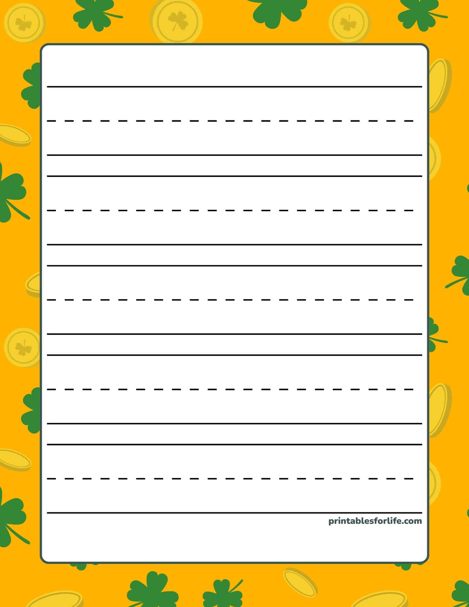 St. Patrick's Day handwriting paper on an orange shamrock background with alternating solid and dashed lines.