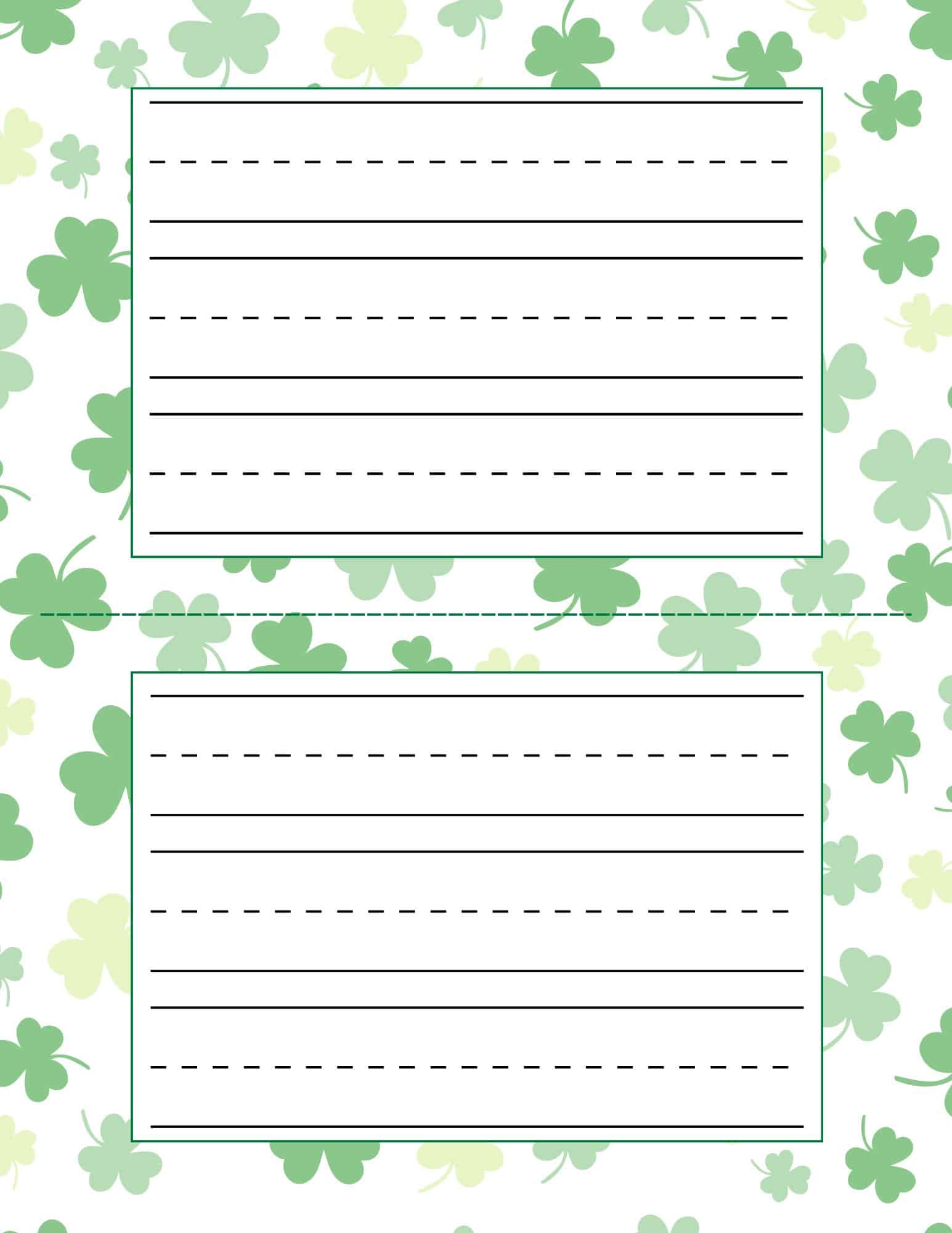 St. Patrick's Day handwriting paper with two bordered writing boxes on a shamrock background.