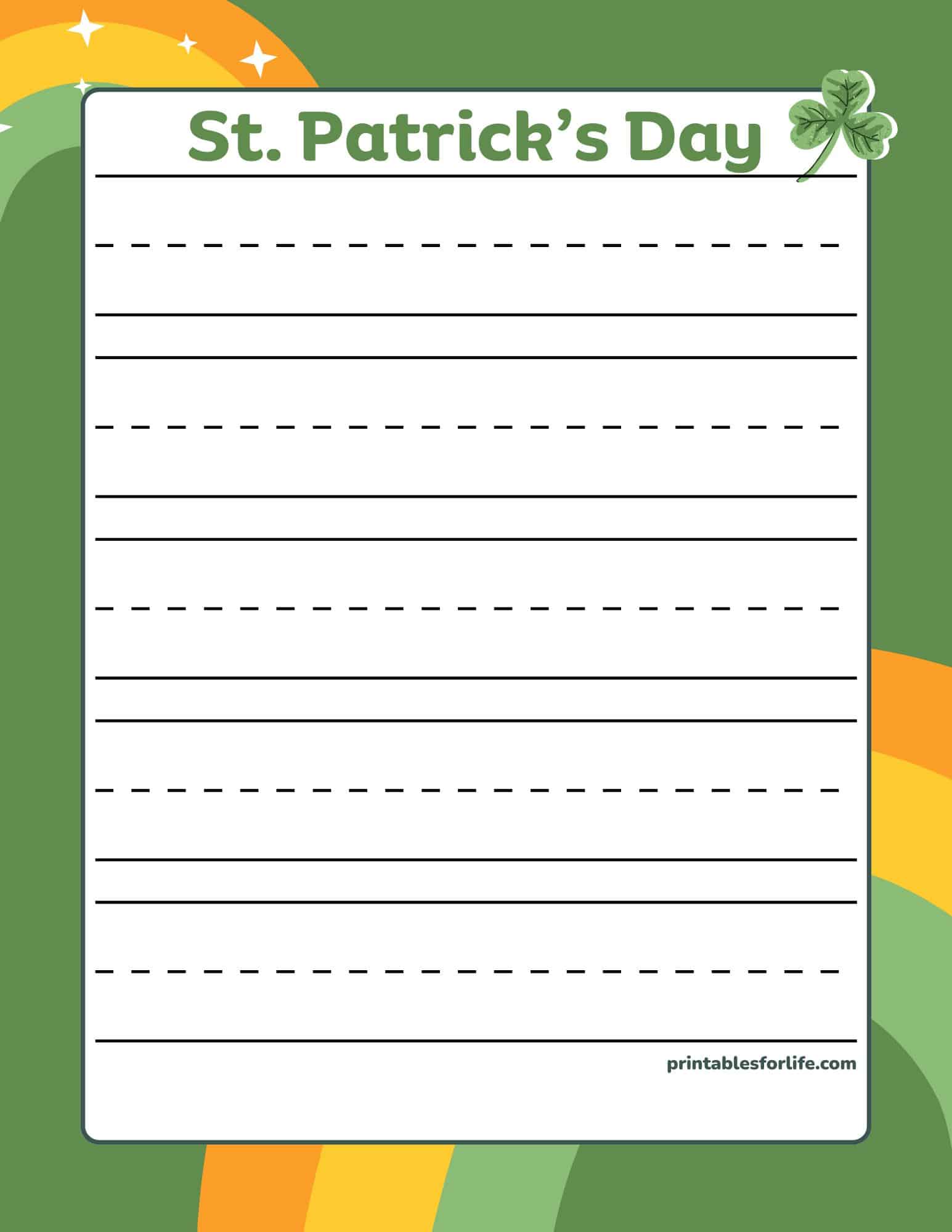 St. Patrick's Day handwriting paper with solid and dashed lines for kindergarten writing.