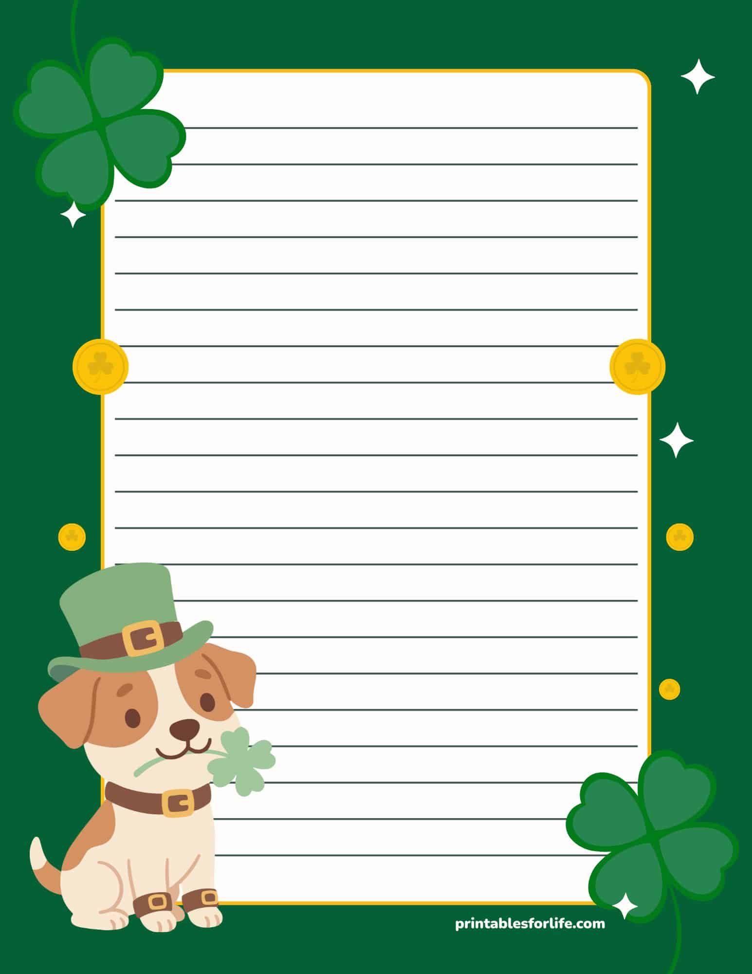 St. Patrick's Day themed lined paper with a cute dog, shamrocks, and a green border.