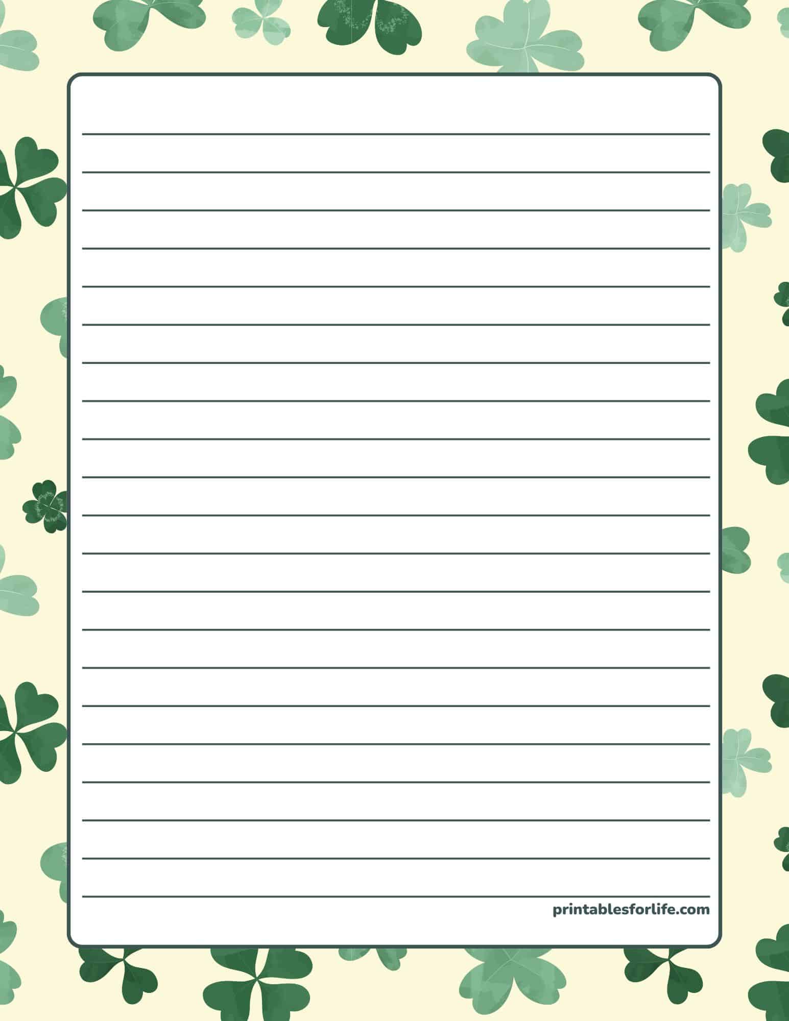 St. Patrick's Day lined paper with a shamrock border, a cute free printable for notes.