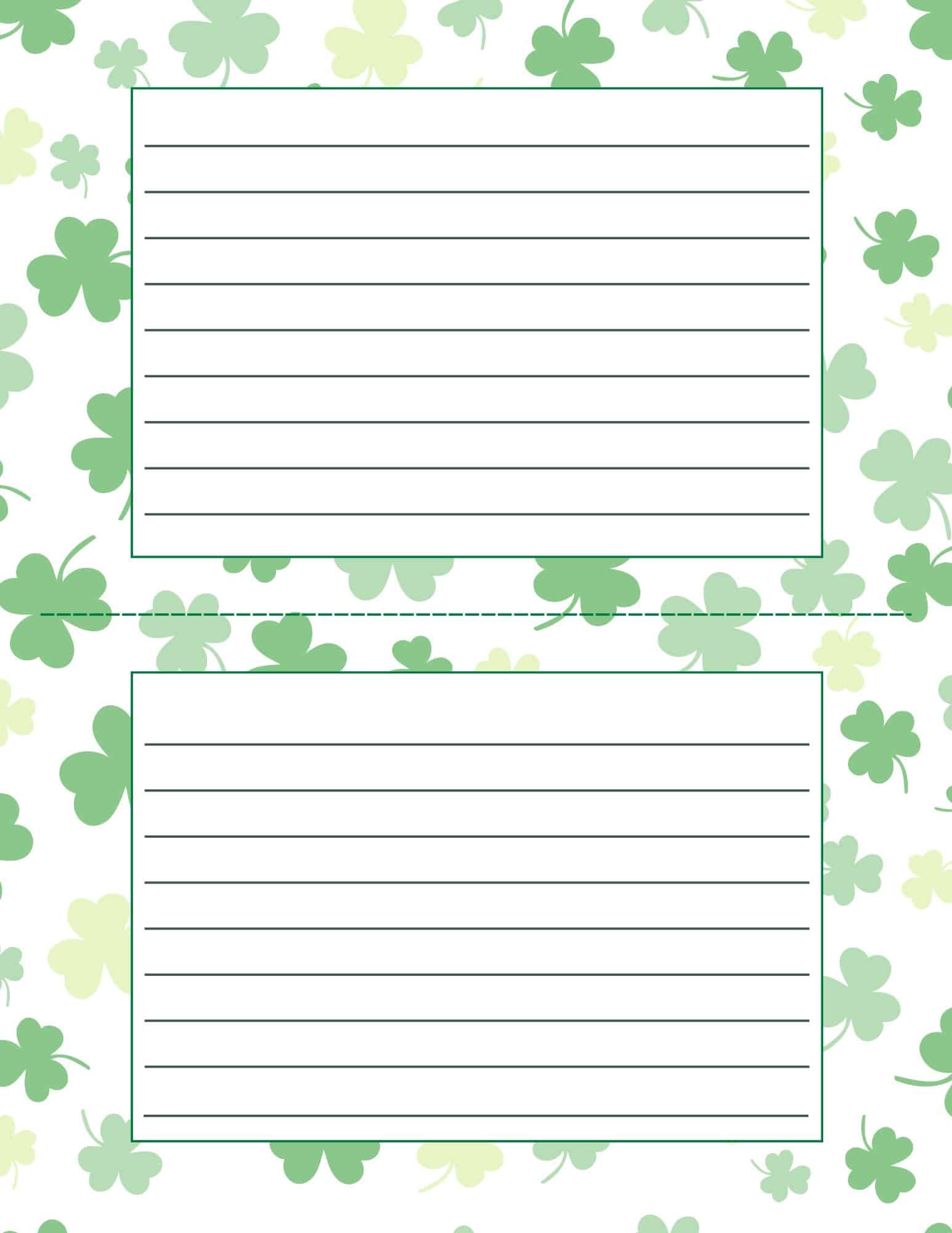 St. Patrick's Day lined paper with a shamrock backdrop and two green bordered note areas.